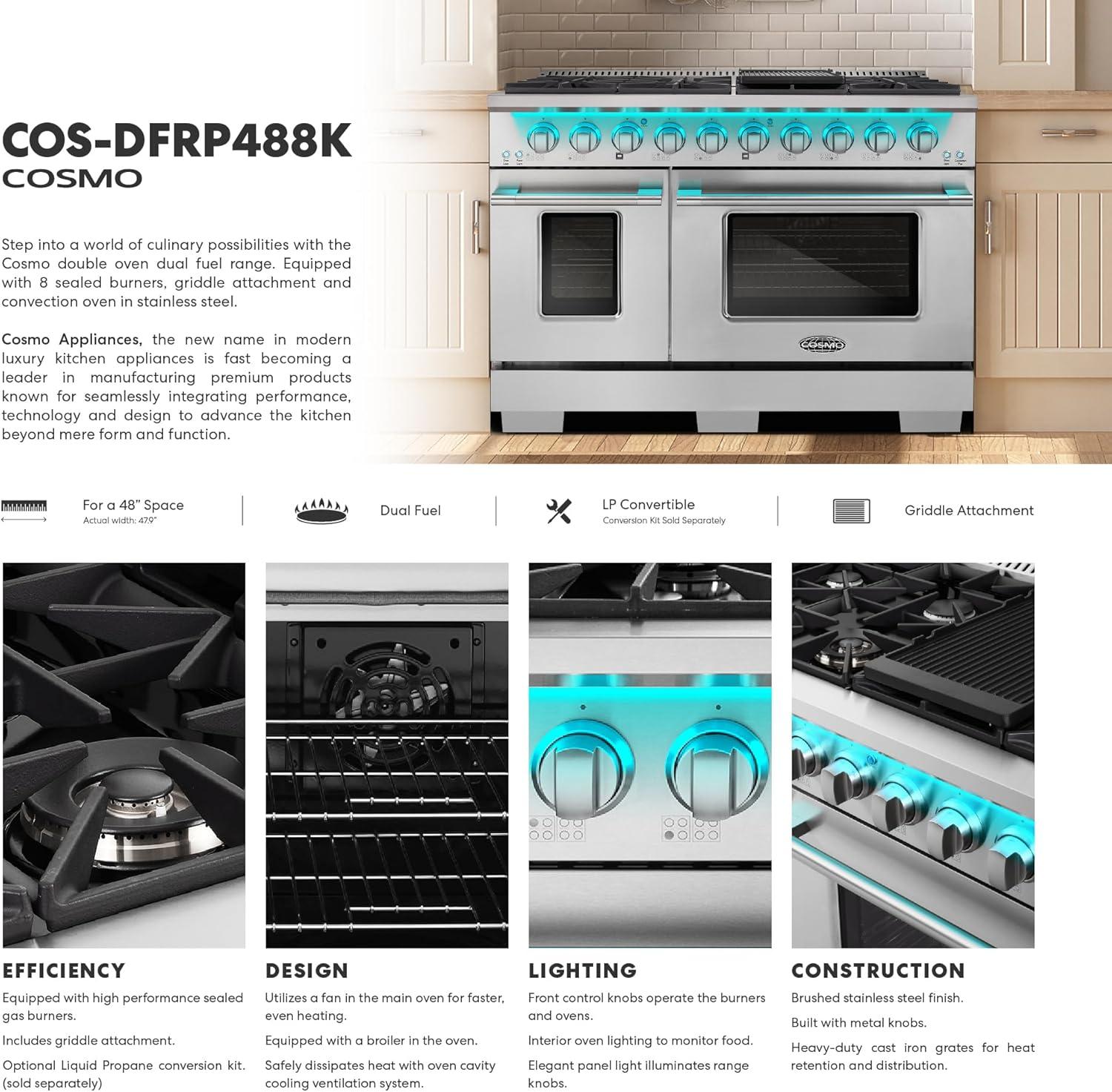 Cosmo COS-DFRP488K Cosmo 48 In. Lumin Collection 5.5 Cu. Ft. Double Oven Dual Fuel Range With 8 Burners, Cast Iron Grates In Stainless Steel