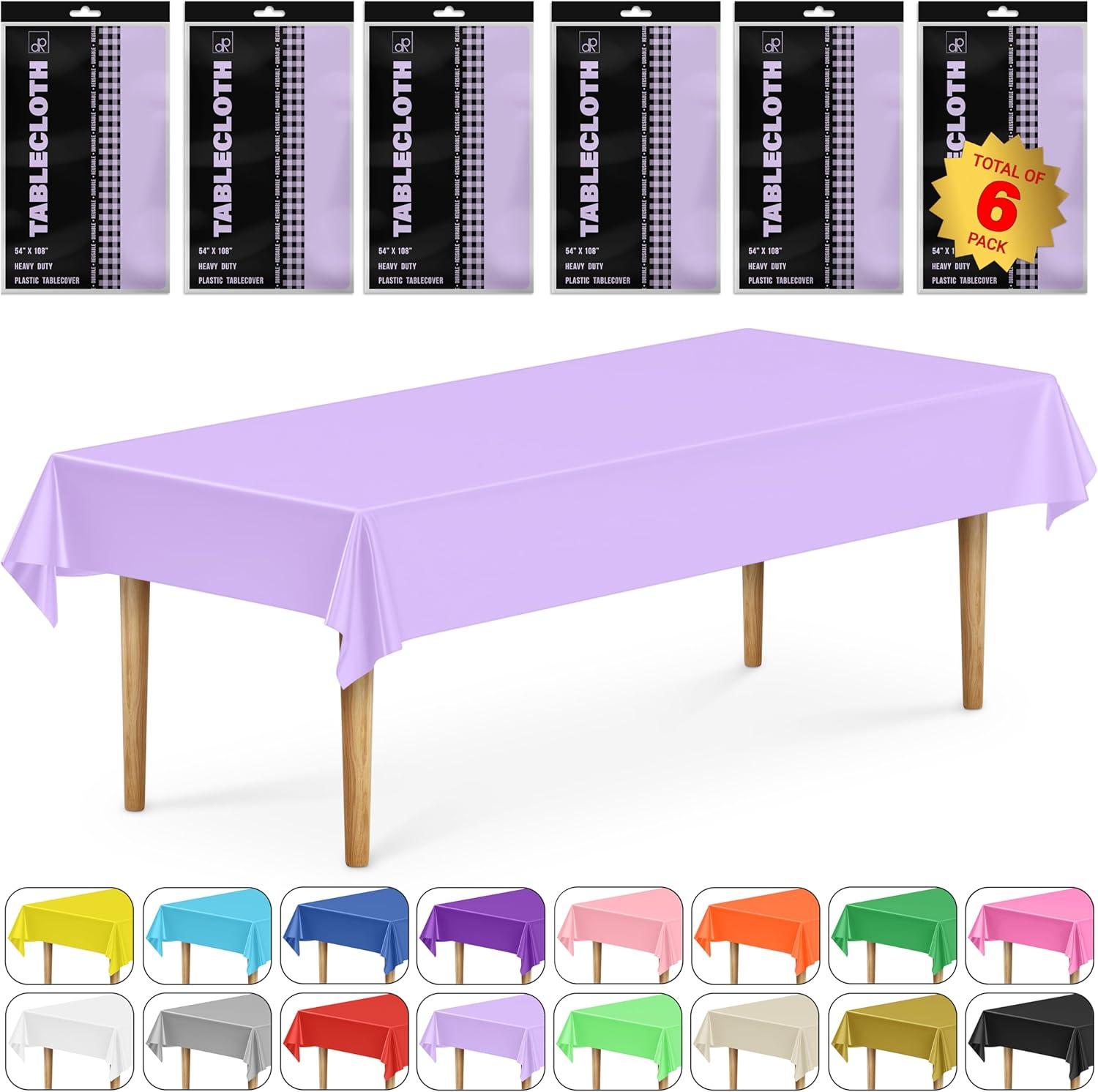 Crown Premium Quality Plastic Tablecloth 54 Inch. x 108 Inch. Rectangle - Lavender - 6 Pack