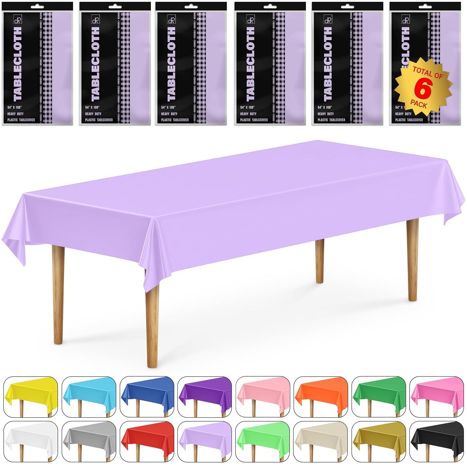 Crown Premium Quality Plastic Tablecloth 54 Inch. x 108 Inch. Rectangle - Lavender - 6 Pack