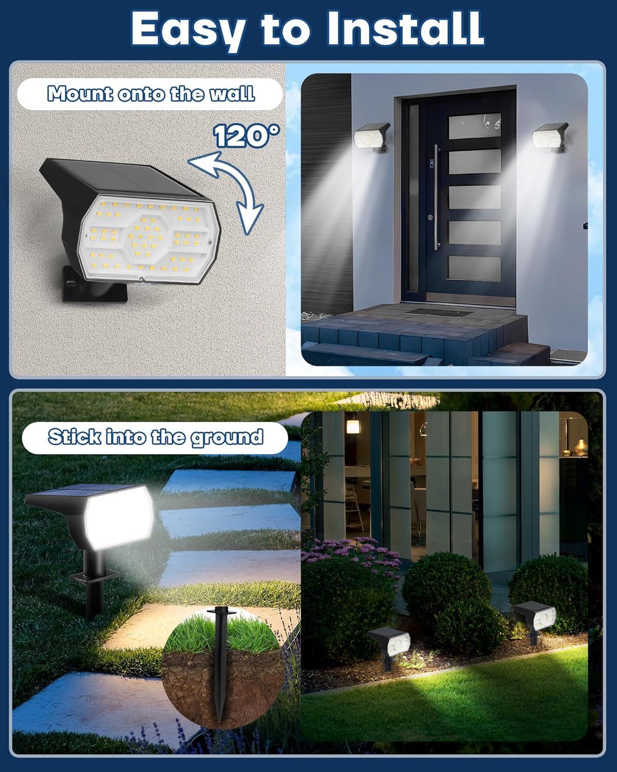 Kaxiida Solar Lights Outdoor Waterproof IP68, 3 Lighting Models Solar Powered Spot Lights Outdoor, 56LED Solar Lights Dusk to Dawn for Yard Patio Garden Pathway Landscape Lighting C80