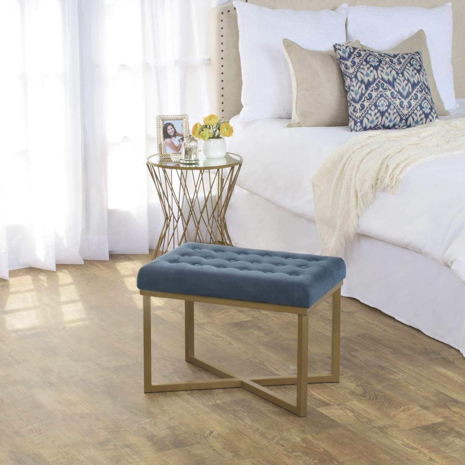 Blue Tufted Velvet Ottoman Bench with Gold Metal Base