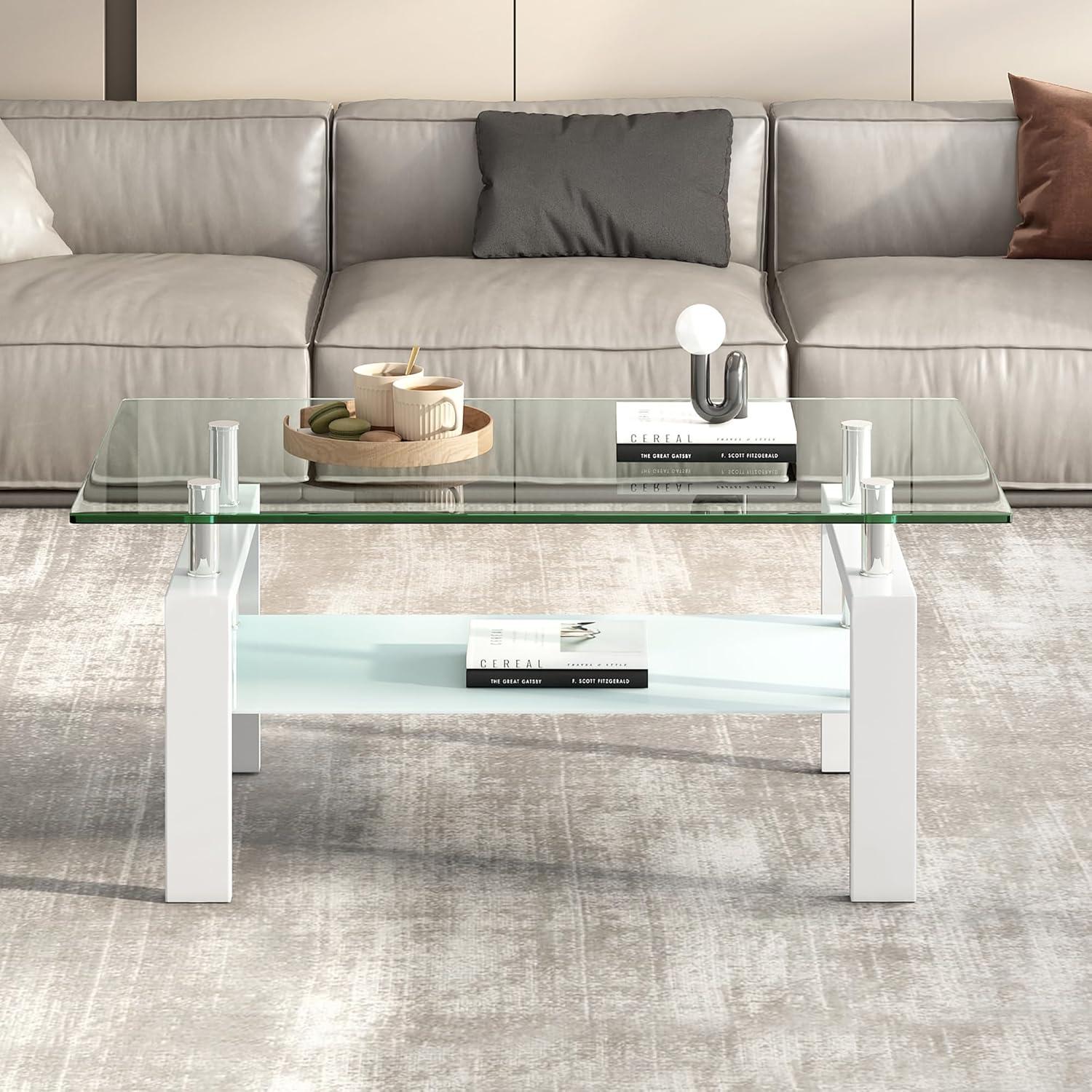 NicBex Modern Rectangular Coffee Table with Tempered Glass Top,2-Layer Glass Center Table for Living Room,Living Room Furniture,White