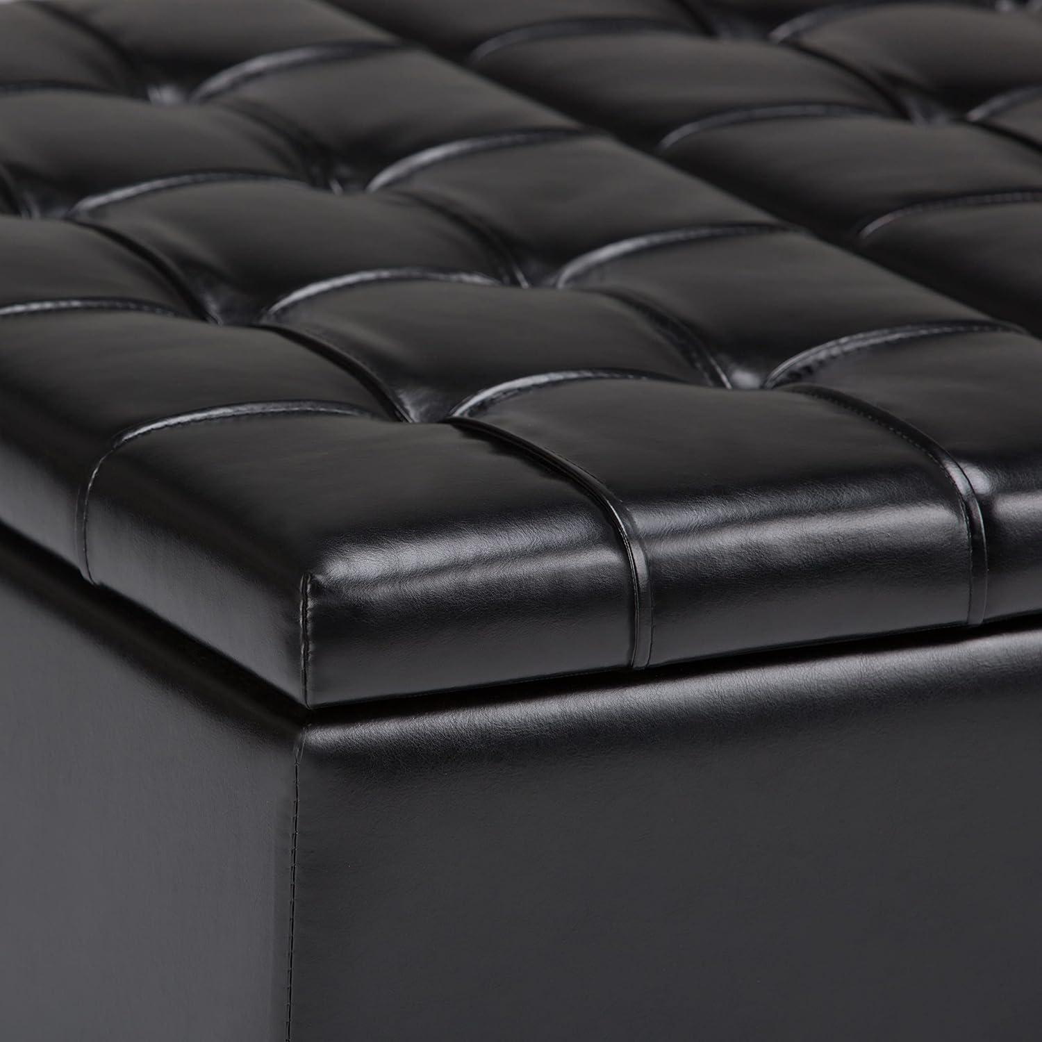 Midnight Black Tufted Faux Leather 36" Square Storage Ottoman