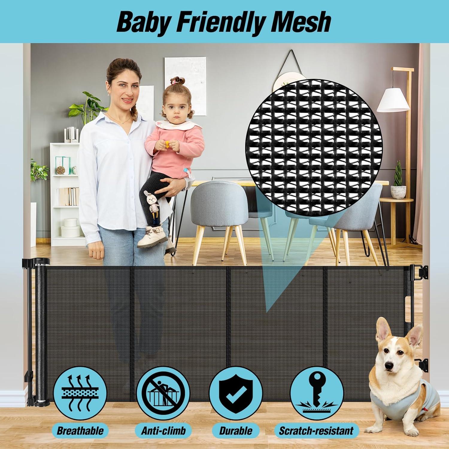 24 Inches Tall Retractable Baby Gates for Doorways, Short Dog Gates to Step Over, Extends up to 55" Wide, Reinforced Mesh Baby Gate for Kids or Pets, Gates Puppy Gates for The House (Black)