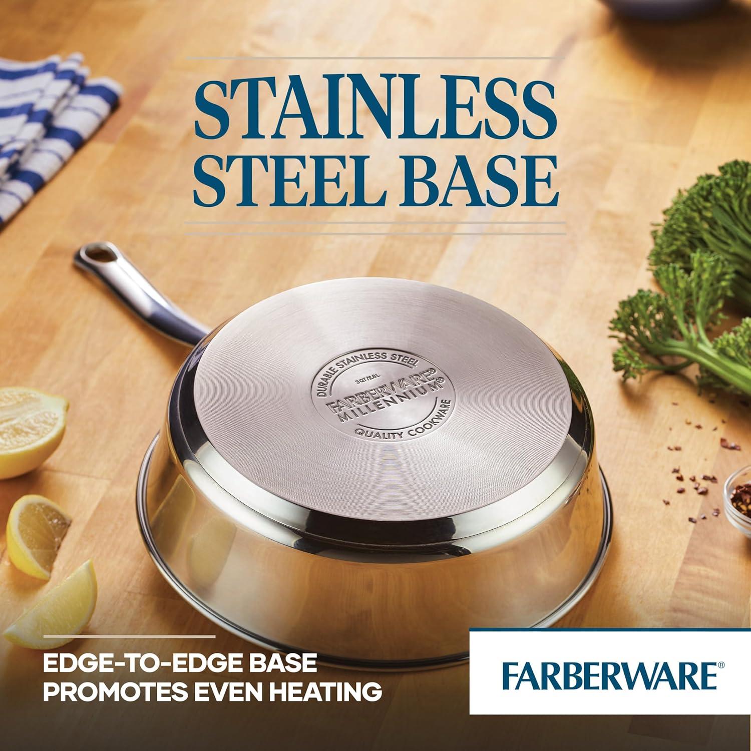 Farberware Millennium Stainless Steel Cookware Pots and Pans Set, 10 Piece, Silver