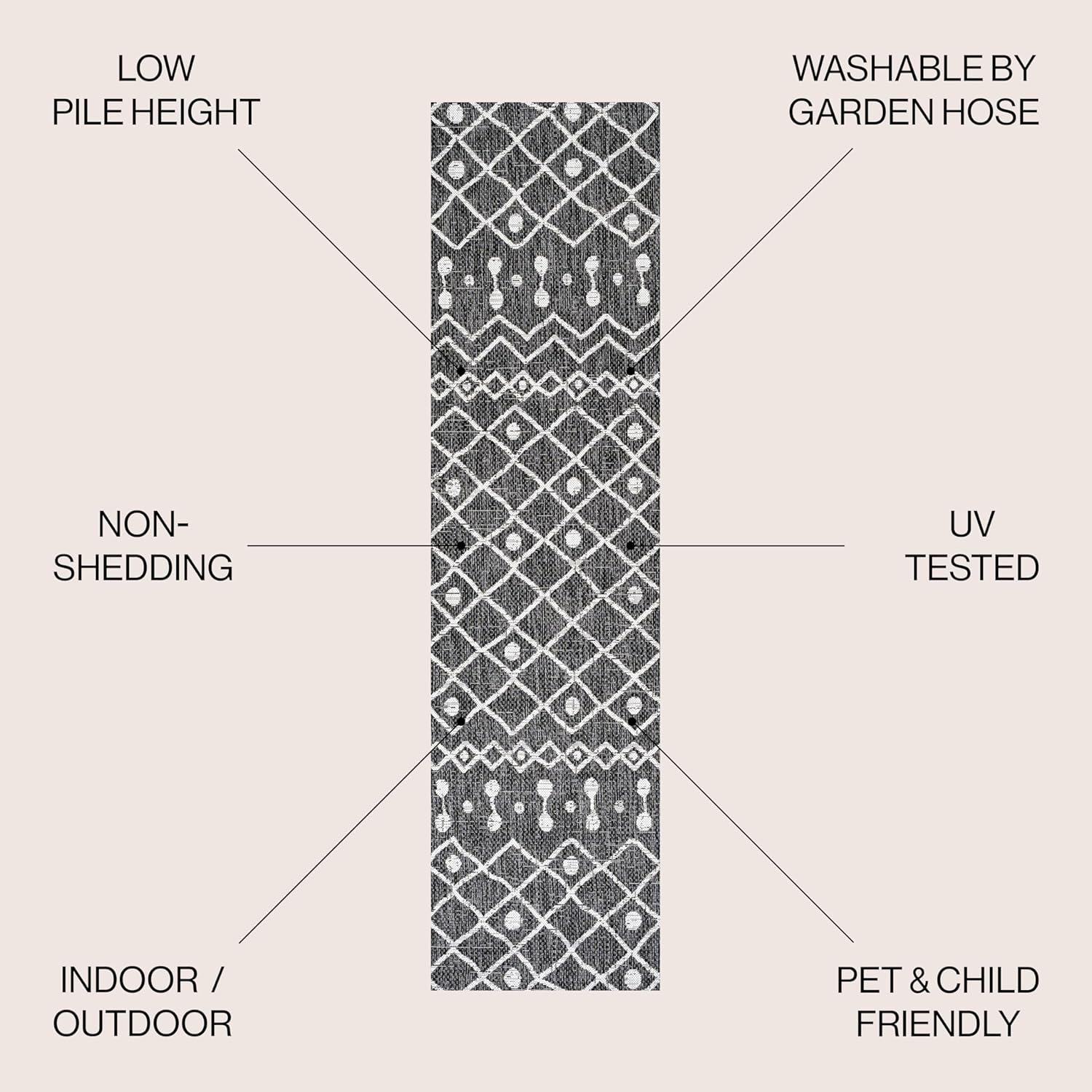 2'x10' Nokat Modern Bohemian Styled Indoor/Outdoor Runner Rug, Black/Ivory - JONATHAN Y