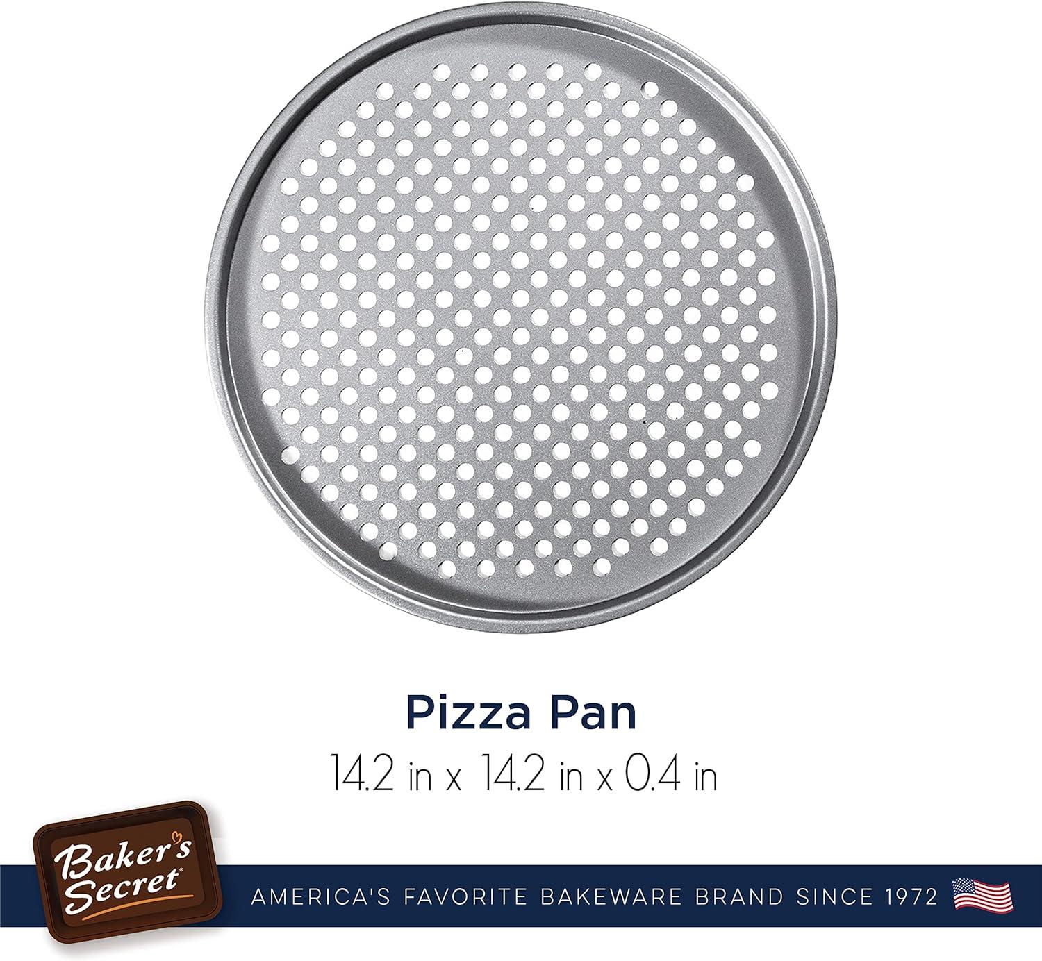 Baker's Secret Nonstick Pizza Crisper for Oven 14", Aluminized Steel Pizza Baking Pan with holes, 2 Layers Non-stick Coating For Easy Release, Silver