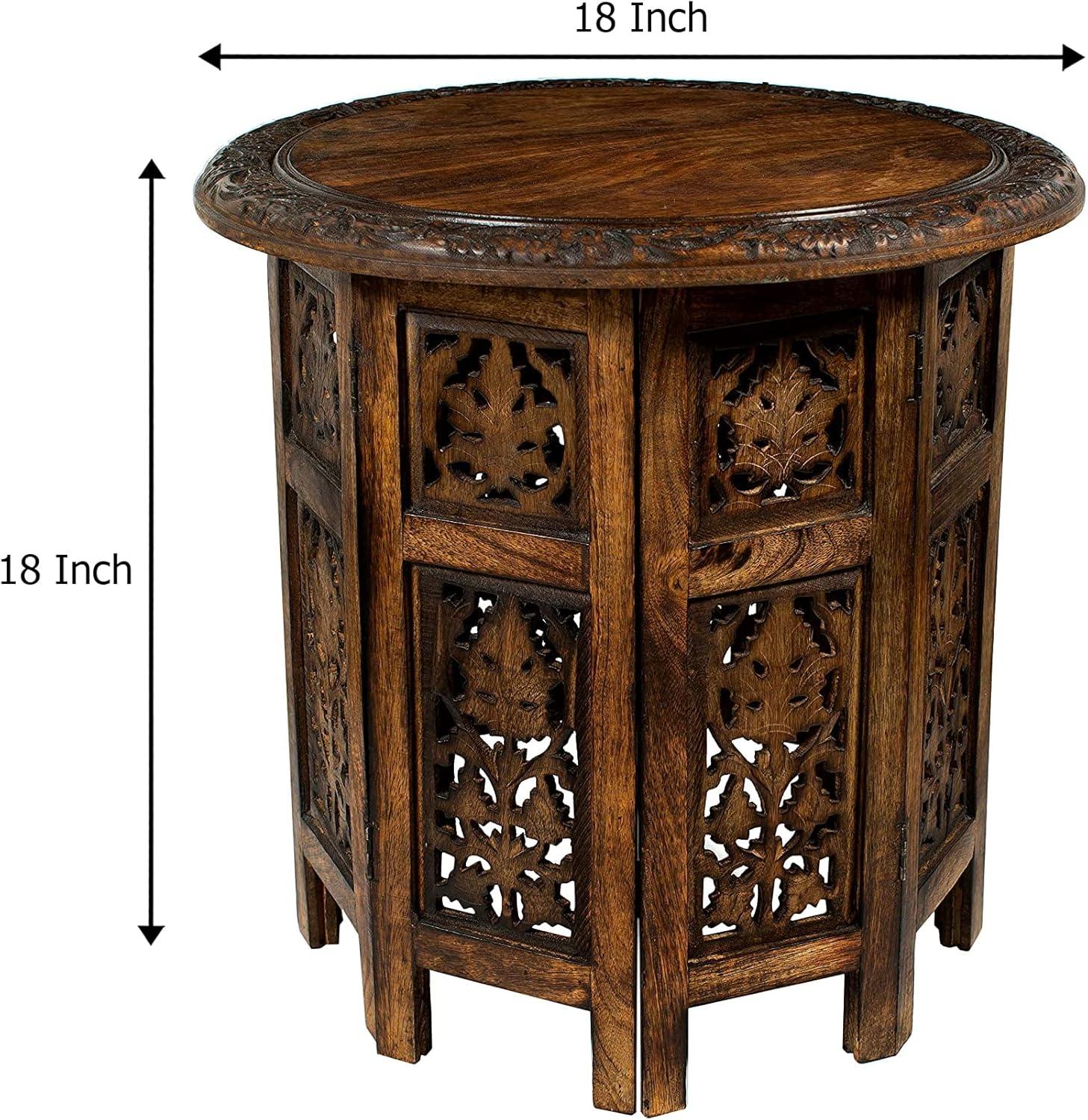 Solid Wood Accent End Table - Hand Carved Vintage Boho Folding Side Table - Small Spaces Entryway Farmhouse Living Room Bedside - No Tools Assembly -18x18 Round - Jaipur Antique Brown