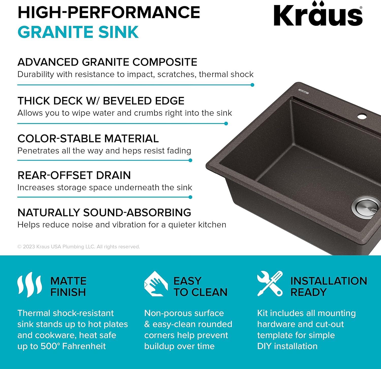 KRAUS Bellucci Granite Composite Workstation Drop-In Top Mount Single Bowl Kitchen Sink with Accessories