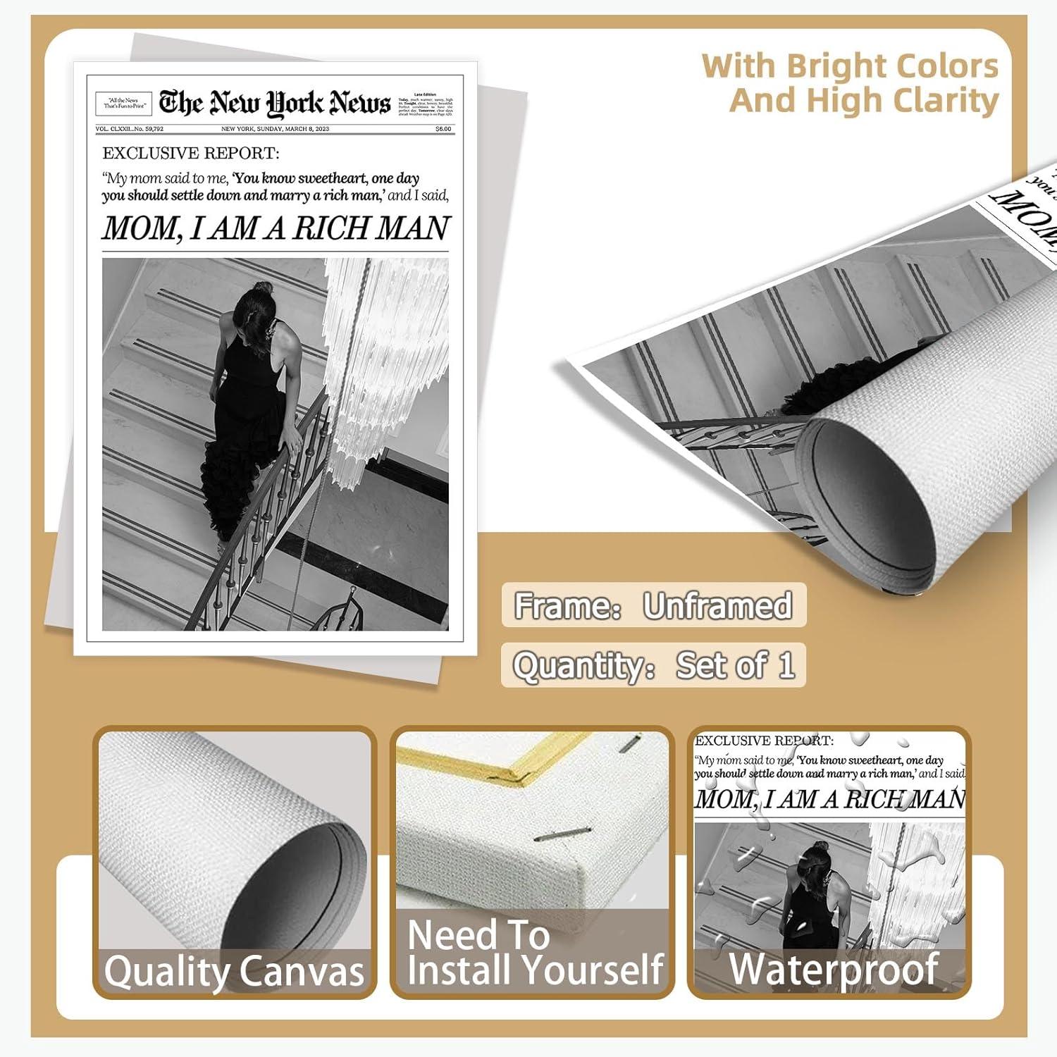 Trendy Black and White Newspaper Canvas Wall Art Poster