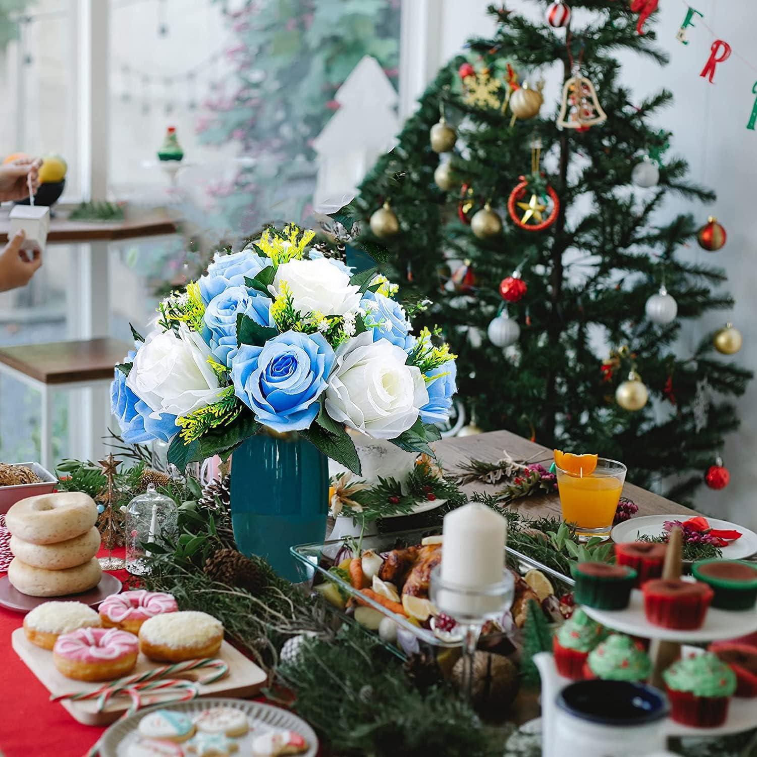 Nuptio Set of 2 Blue&White Artificial Flower Kissing ball, 15 Heads Fake Peony Silk Rose Flowers Bouquet for Centerpiece Wedding Birthday Party Home Table Decor