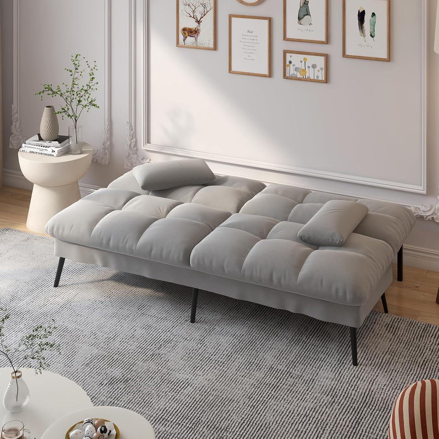 COMHOMA Convertible Sofa Bed,68″Fabric Couch with Adjustable Backrest,Loveseat Recliner Sleeper Living Room Furniture futon Set,Grey