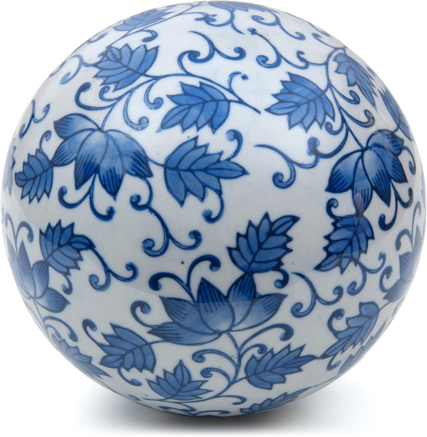 Oriental Furniture 6" Decorative Porcelain Ball, Blue Leaves, Decorative item, center piece