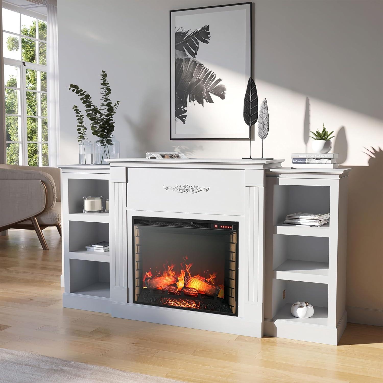 White 70" Electric Fireplace Heater TV Stand with Shelves