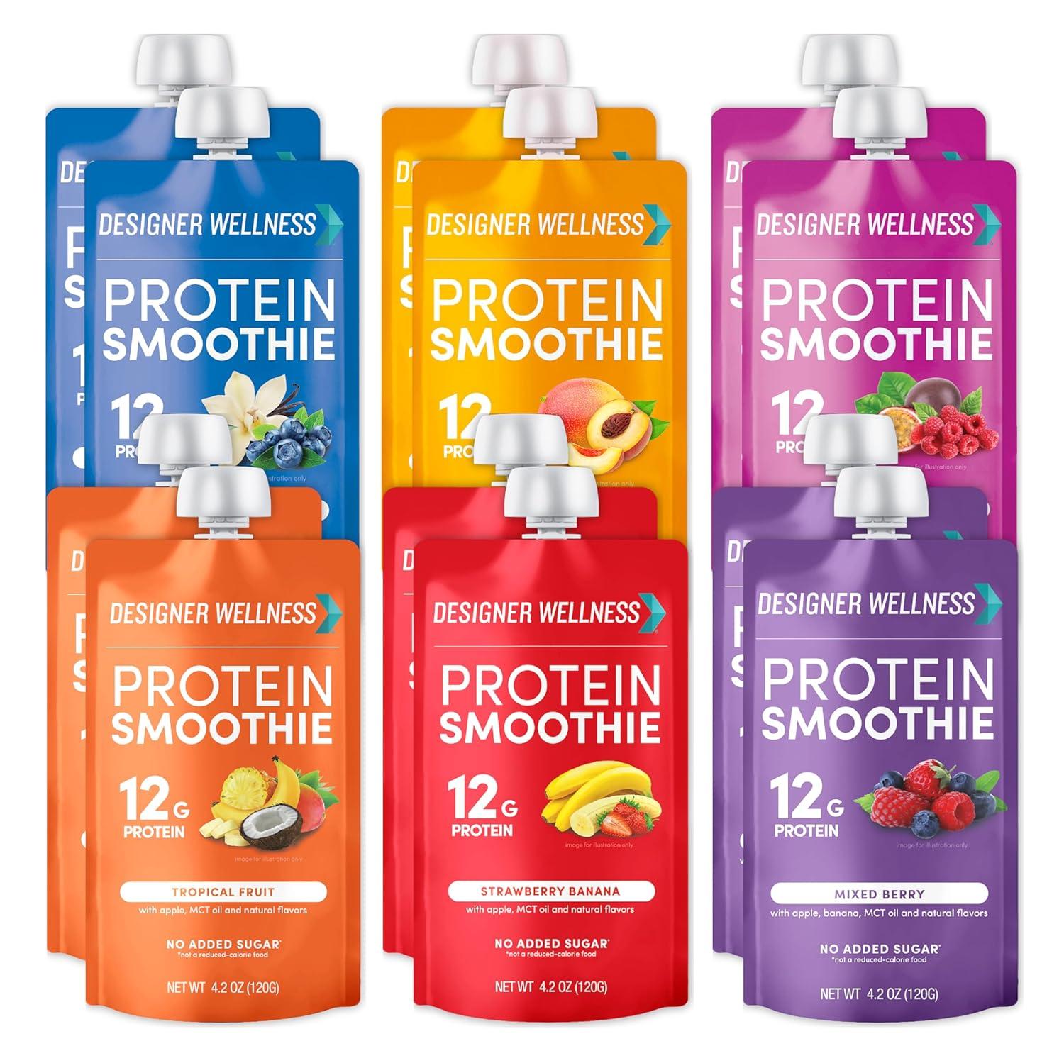 Designer Wellness Protein Smoothie, Real Fruit, 12g Protein, Low Carb, Zero Added Sugar, Gluten-Free, Mixed Variety, 12 Count