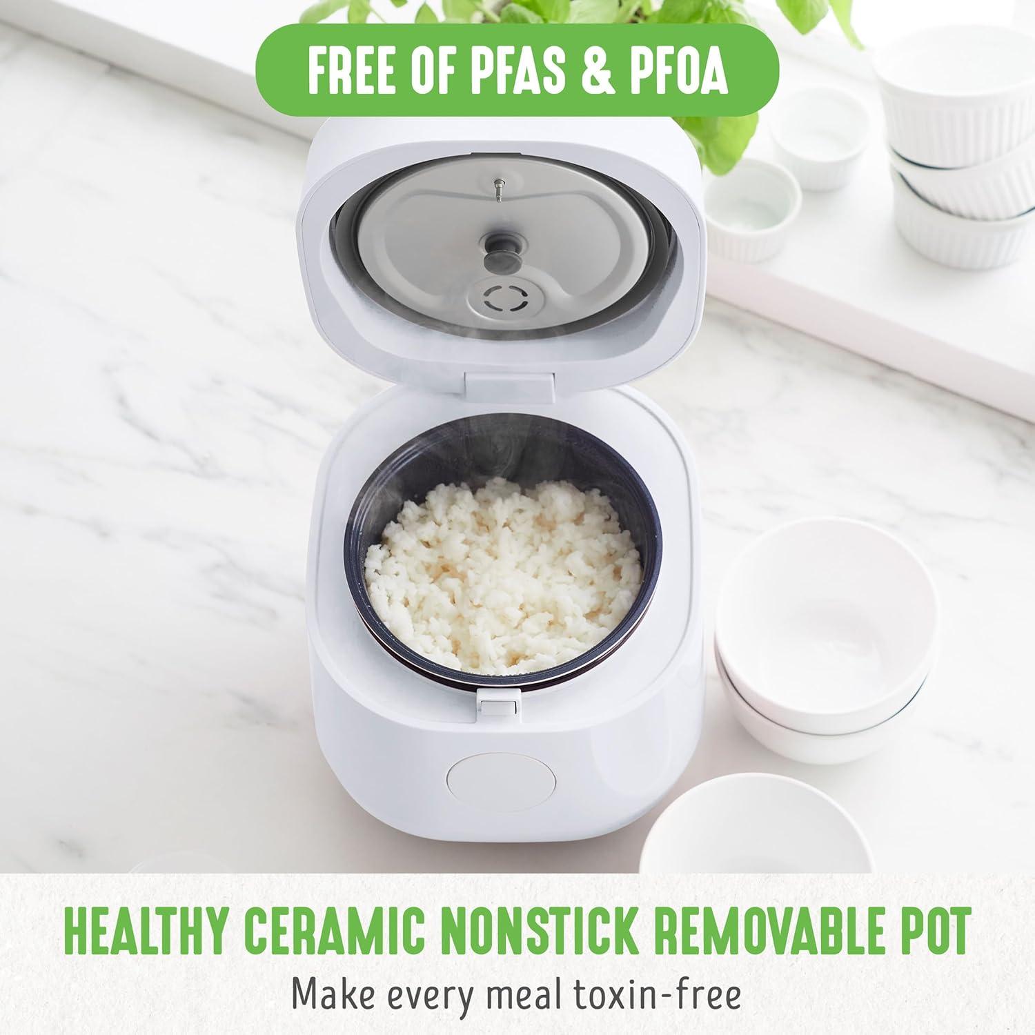 Compact White Electric Rice and Grains Cooker with Ceramic Nonstick Bowl