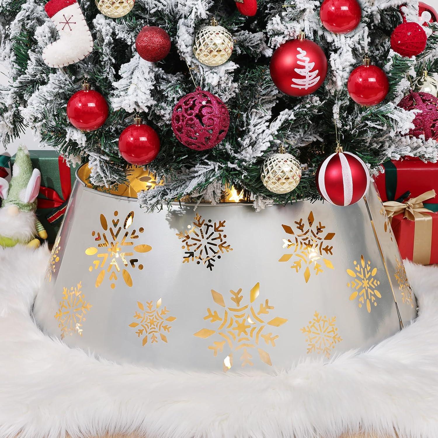 Metal Christmas Tree Collar, 3D Hollow Snowflake Pattern Christmas Tree Skirt with Star-Shaped LED String Lights, 29 Inch Diameter Decorative Xmas Tree Ring Stand Base Cover, Silver