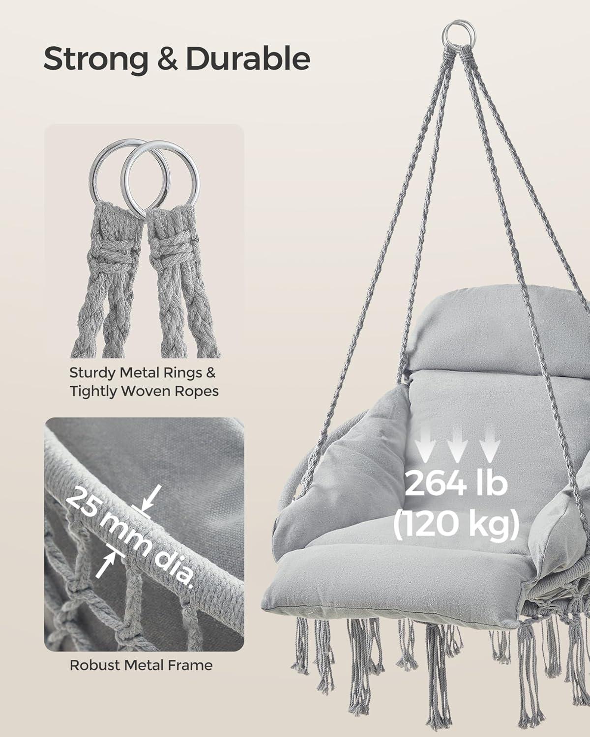 SONGMICS Hanging Chair, Hammock Chair with Large, Thick Cushion, Boho Swing Chair for Bedroom, Patio, Balcony, Garden, Holds up to 264 lb, Accessories Included, Dove Gray UGDC042G11