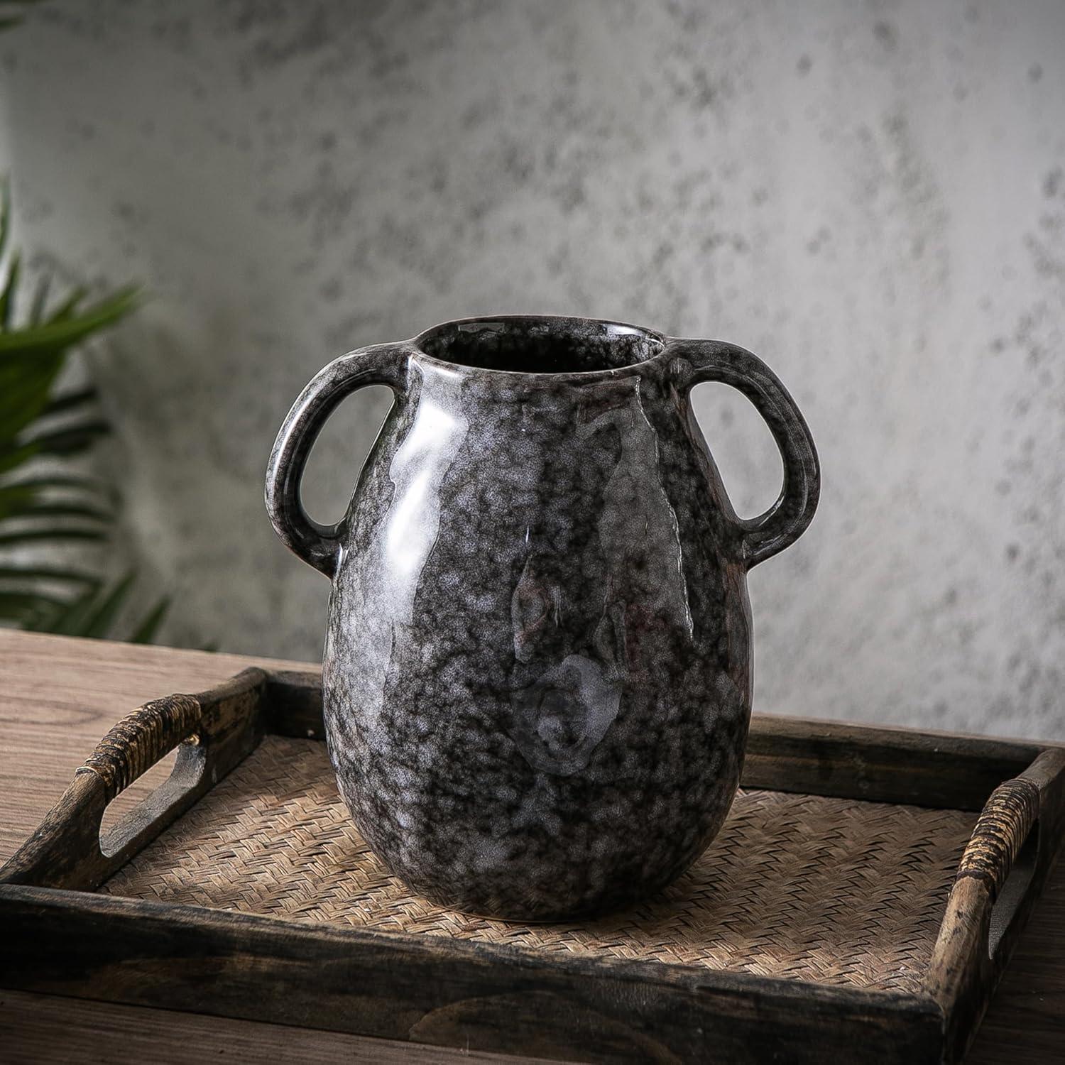 Kimdio Brown Ceramic Vase with 2 Handles, Modern Farmhouse Vase for Home Decor, Vintage Rustic Pottery Vase, Decorative Terracotta Vase, Clay Jug for Living Room Dining Table Shelf