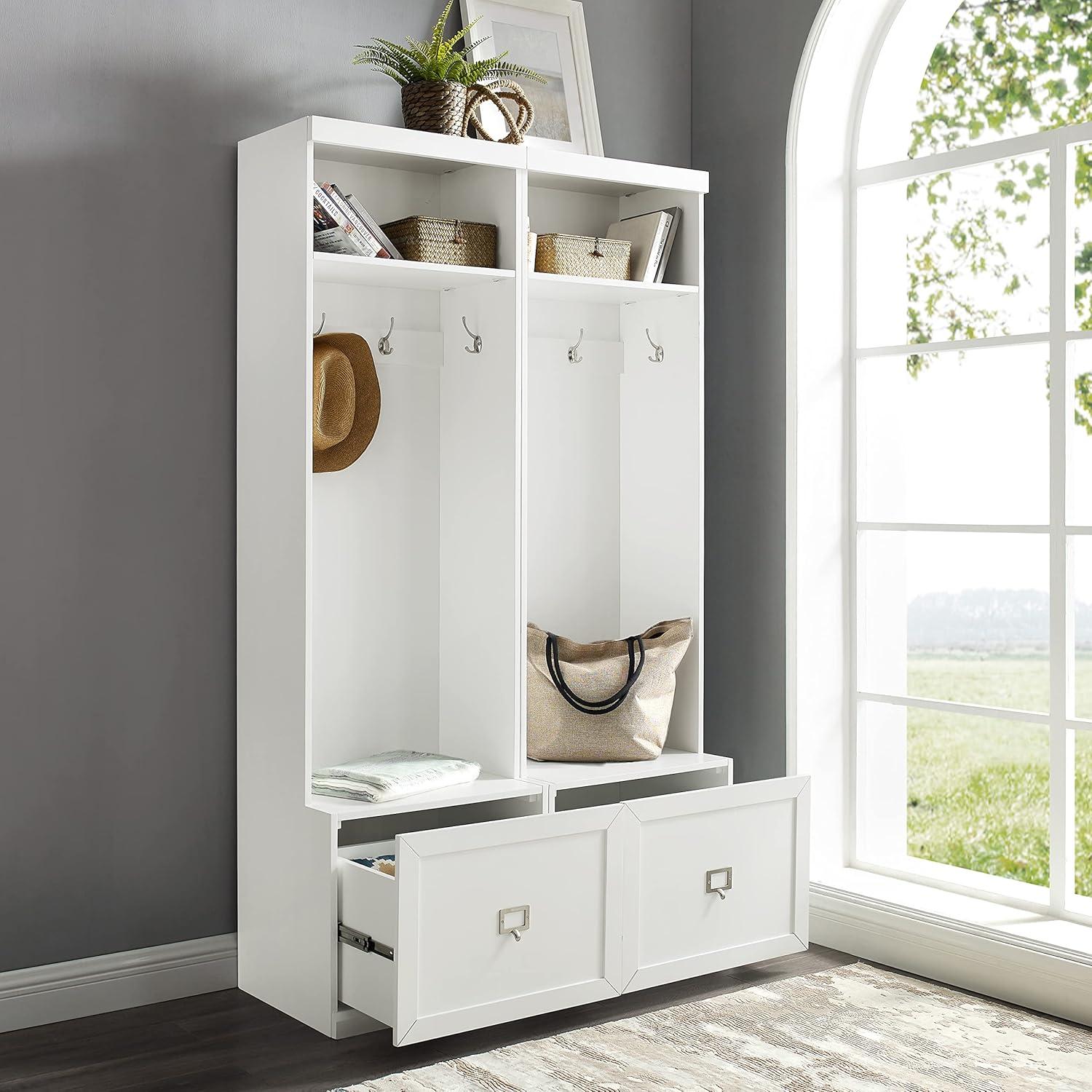 2pc Harper Entryway Hall Trees White - Crosley: Organizer with Bench, 8 Coat Hooks, Label Drawers