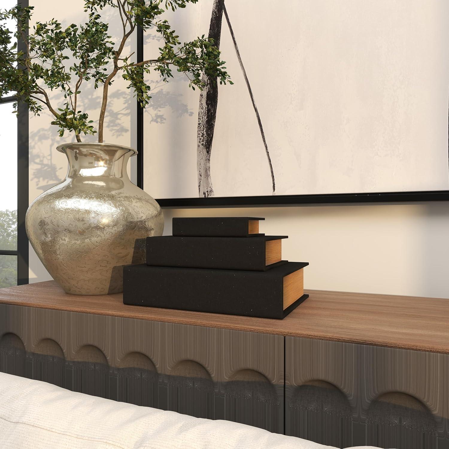 Deco 79 Linen Fabric Decorative Box Faux Storage Book Book Shaped Boxes, Set of 3 Decorative Keepsake Boxes 12", 9", 6"H, Black