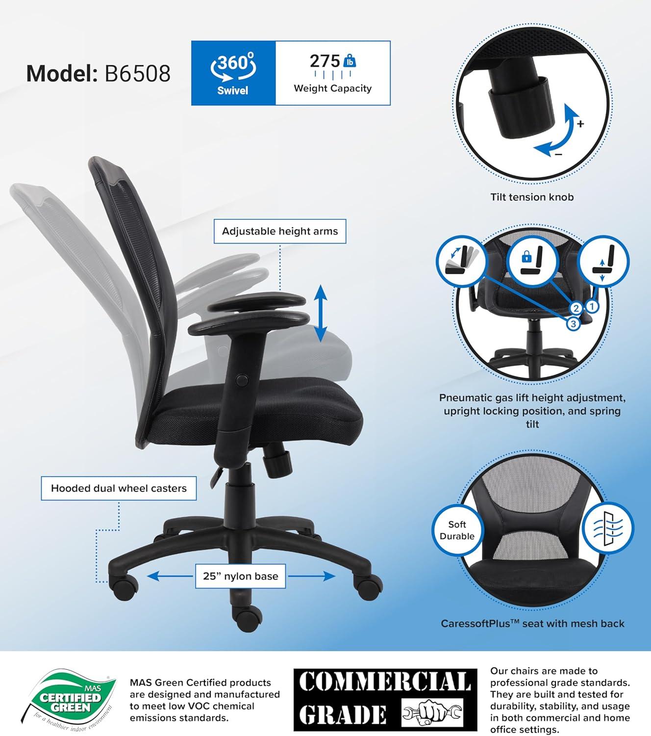 Mesh Task Chair with Adjustable Arms Black - Boss Office Products: Swivel, Ergonomic, Nylon Base