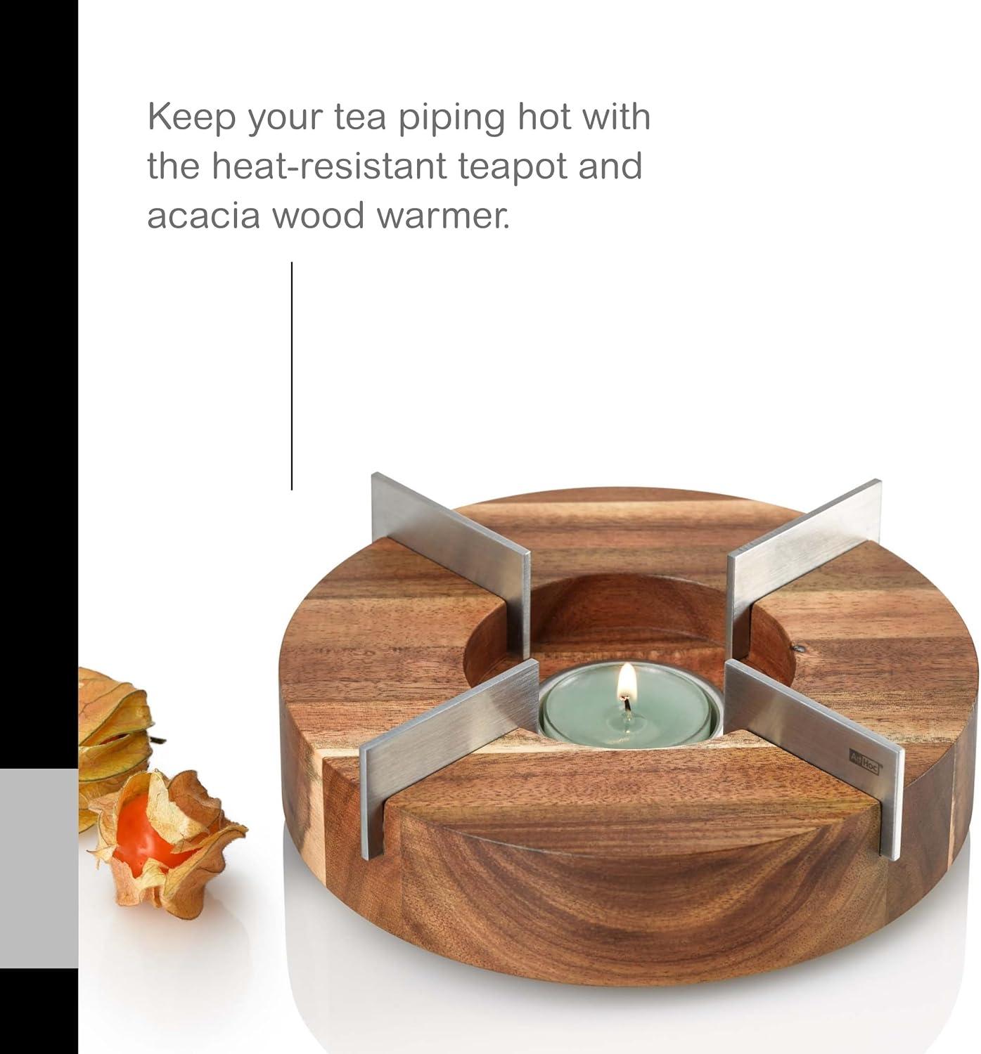 Clear Glass Teapot with Acacia Wood Warmer