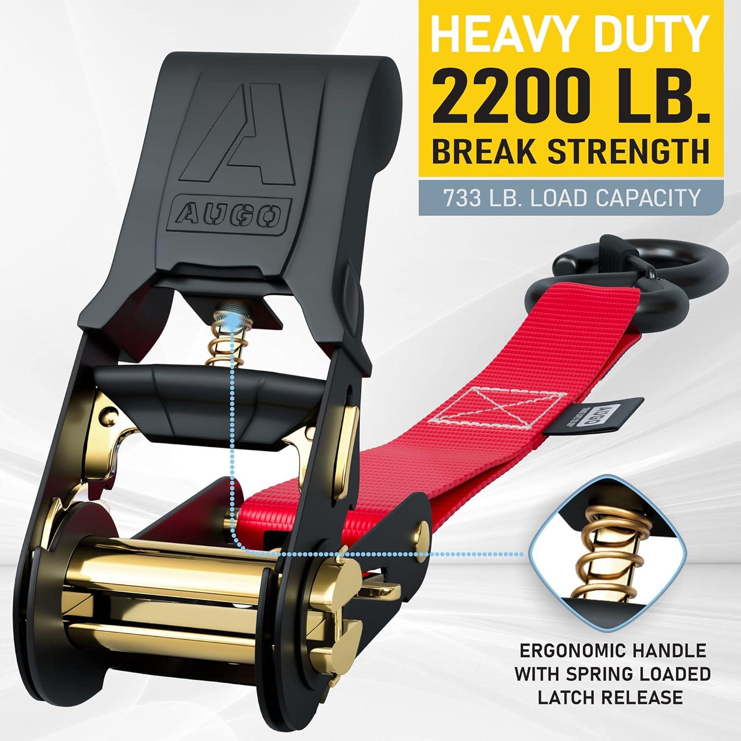 AUGO Ratchet Straps Heavy Duty 4 Pack -15 FT - 2200 LB Break Strength – Ratchet Tie Down Straps with Safety Lock S Hooks - Cargo Straps for Moving, Appliances, Motorcycle – Soft Loop Tie Down Straps