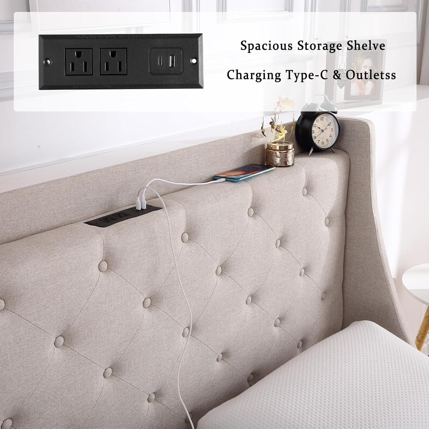 Huloretions Queen Bed Frame With Charging Station,Platform Bed With 4 Storage Drawers,Upholstered Wingback Headboard And Storage Shelf,No Box Spring Needed Easy Assembly