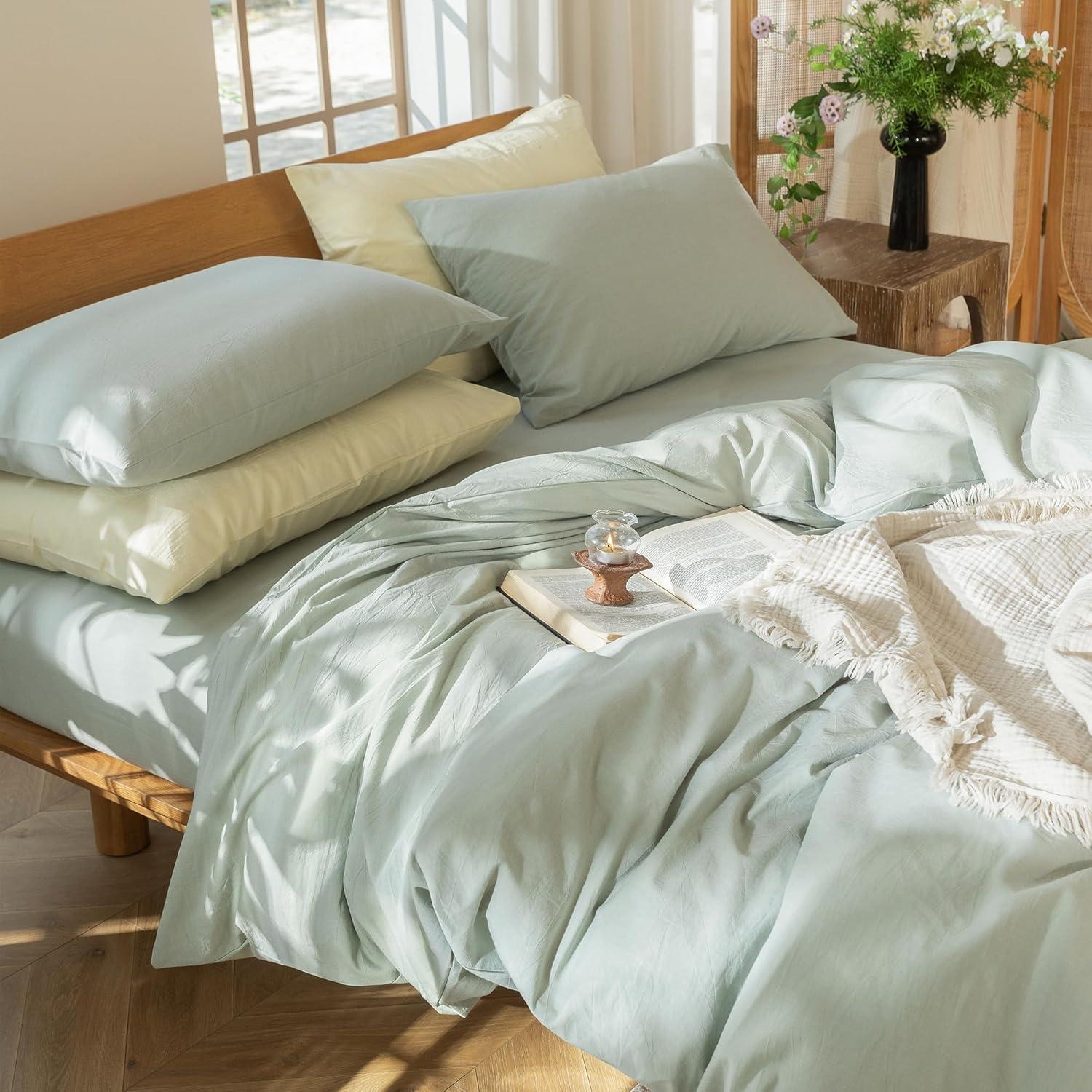 MOOMEE 100% Washed Cotton Linen Like Textured Duvet Cover Set