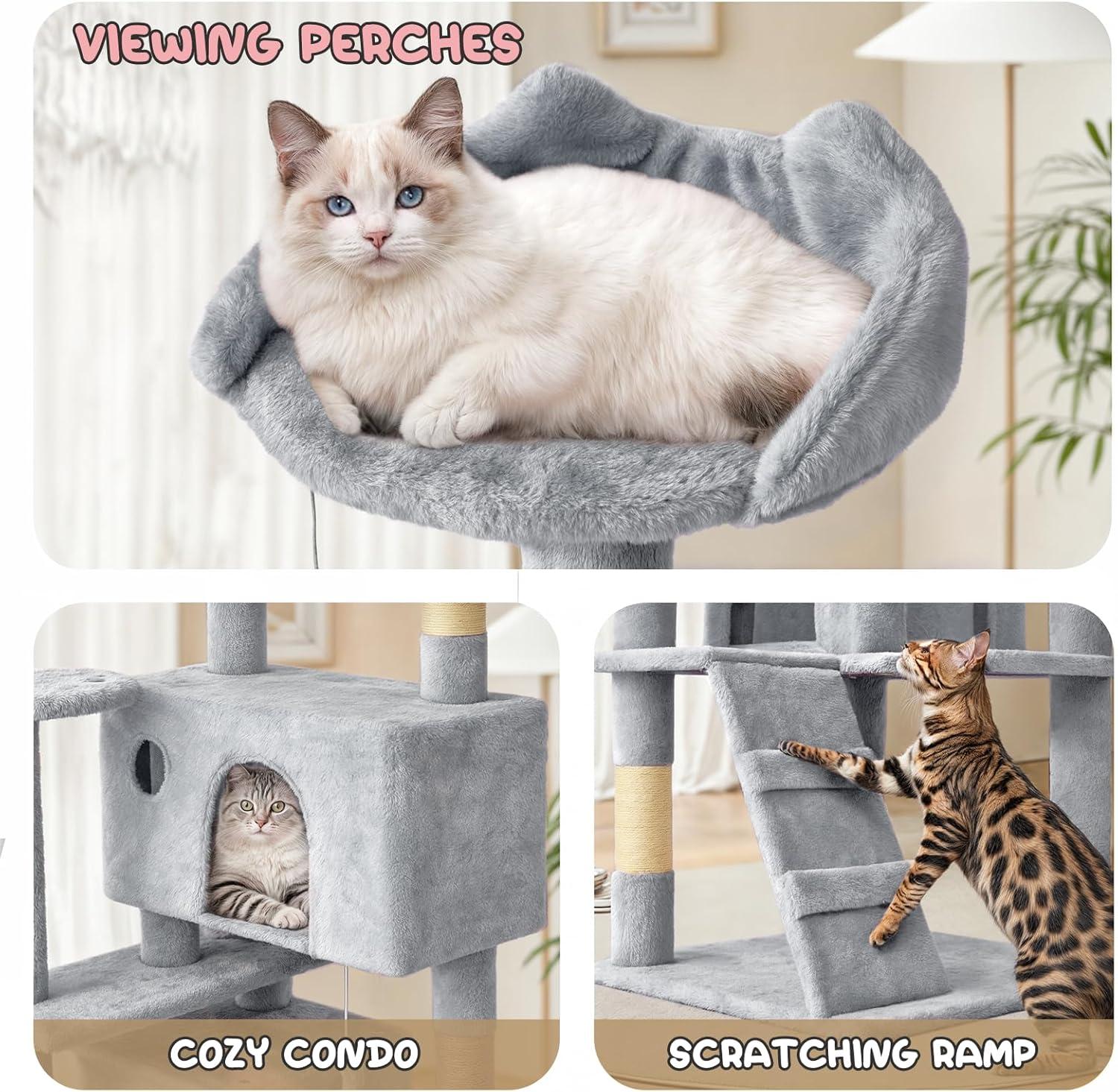 MoNiBloom 54.5" Multi-Level Cat Tree Condo Cat Tower with Scratching Posts & Plush Perch, Light Gray