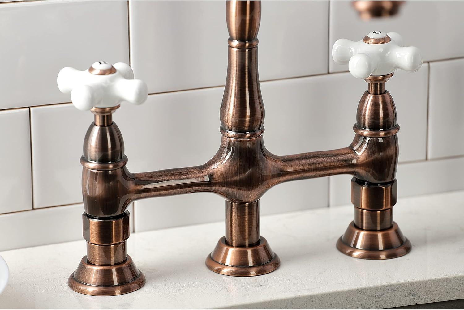 Kingston Brass Heritage Two-Handle 4-Hole Deck Mount Bridge Kitchen Faucet with Brass Side Sprayer