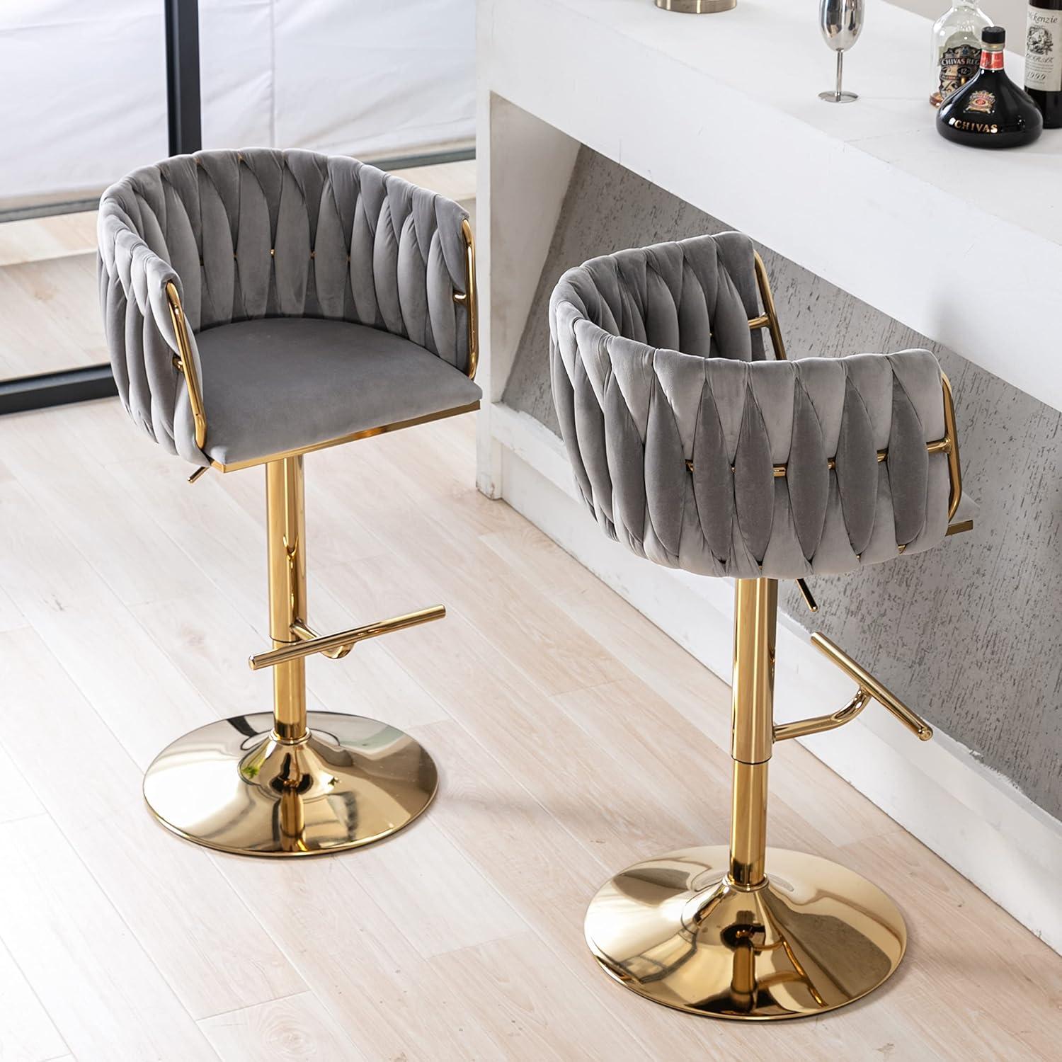 Velvet Bar Stools Set of 2, Counter Height Bar Stools with Low Back, Gold Swivel Barstools for Kitchen Island, Bar Pub (Grey)