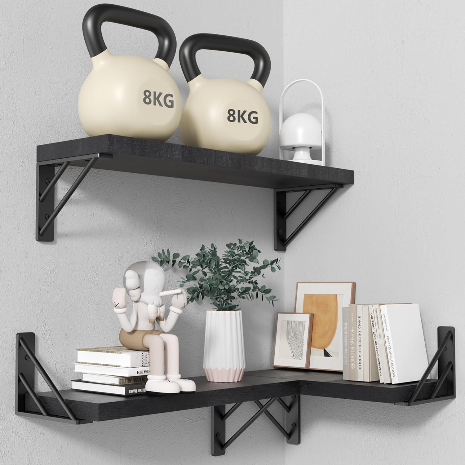 BAYKA Wall Mounted Floating Shelves, Wood Floating Wall Shelf for Books & Decor, Small Space-Saving Display & Organizer（Black，Set of 3）