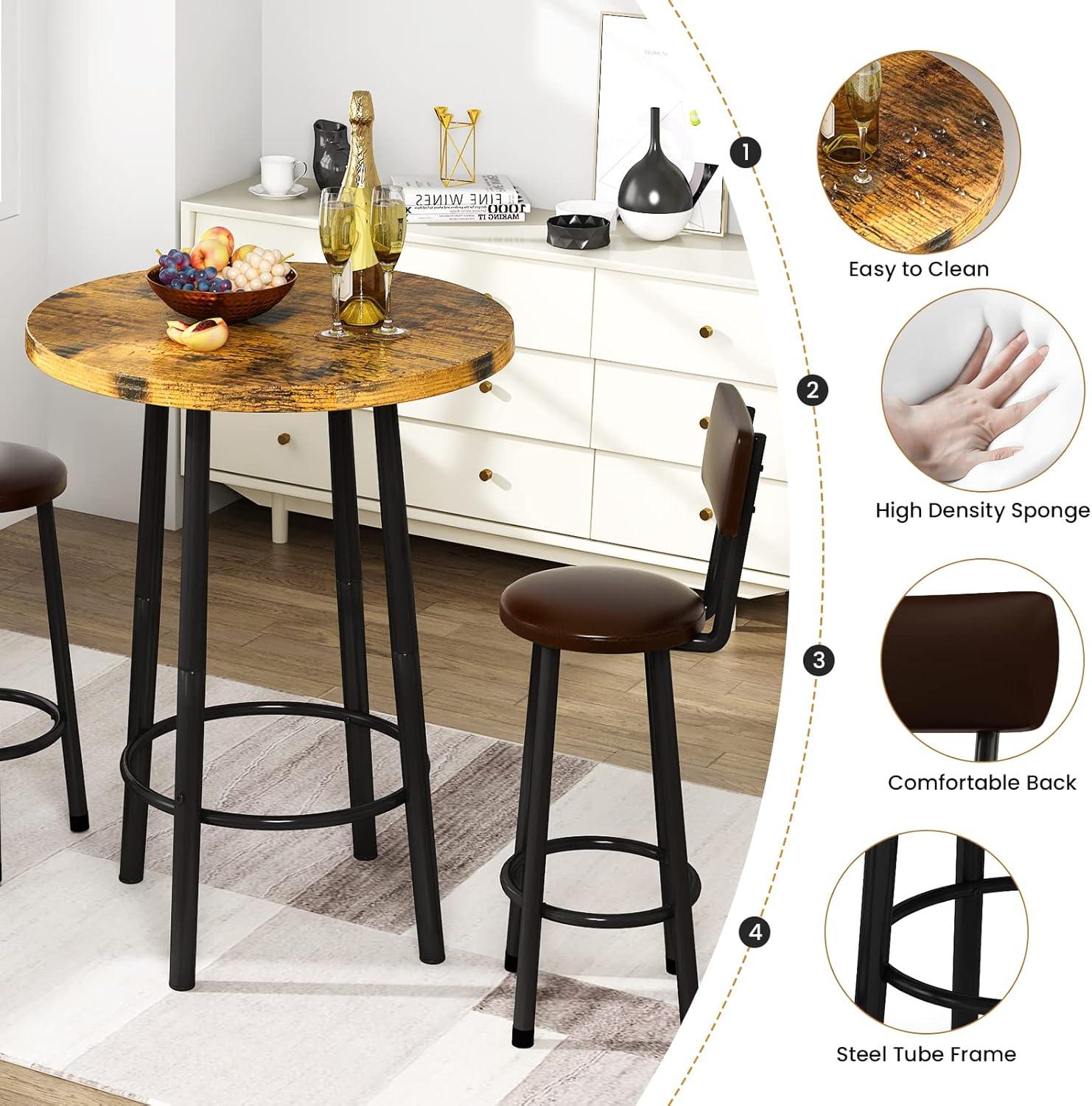 Recaceik 3 Piece Pub Dining Set, Modern Round bar Table and Stools for 2 Kitchen Counter Height Wood Top Bistro Easy Assemble for Breakfast Nook Living Room Small Space Restaurant