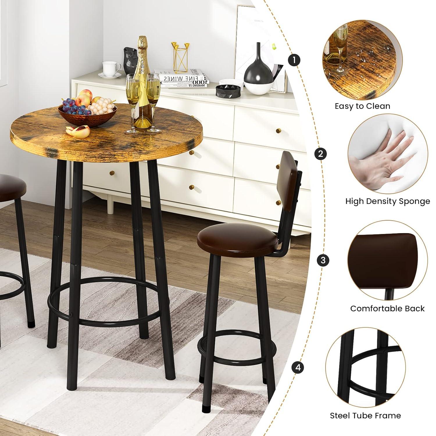 Recaceik 3 Piece Pub Dining Set, Modern Round bar Table and Stools for 2 Kitchen Counter Height Wood Top Bistro Easy Assemble for Breakfast Nook Living Room Small Space Restaurant, Rustic Brown
