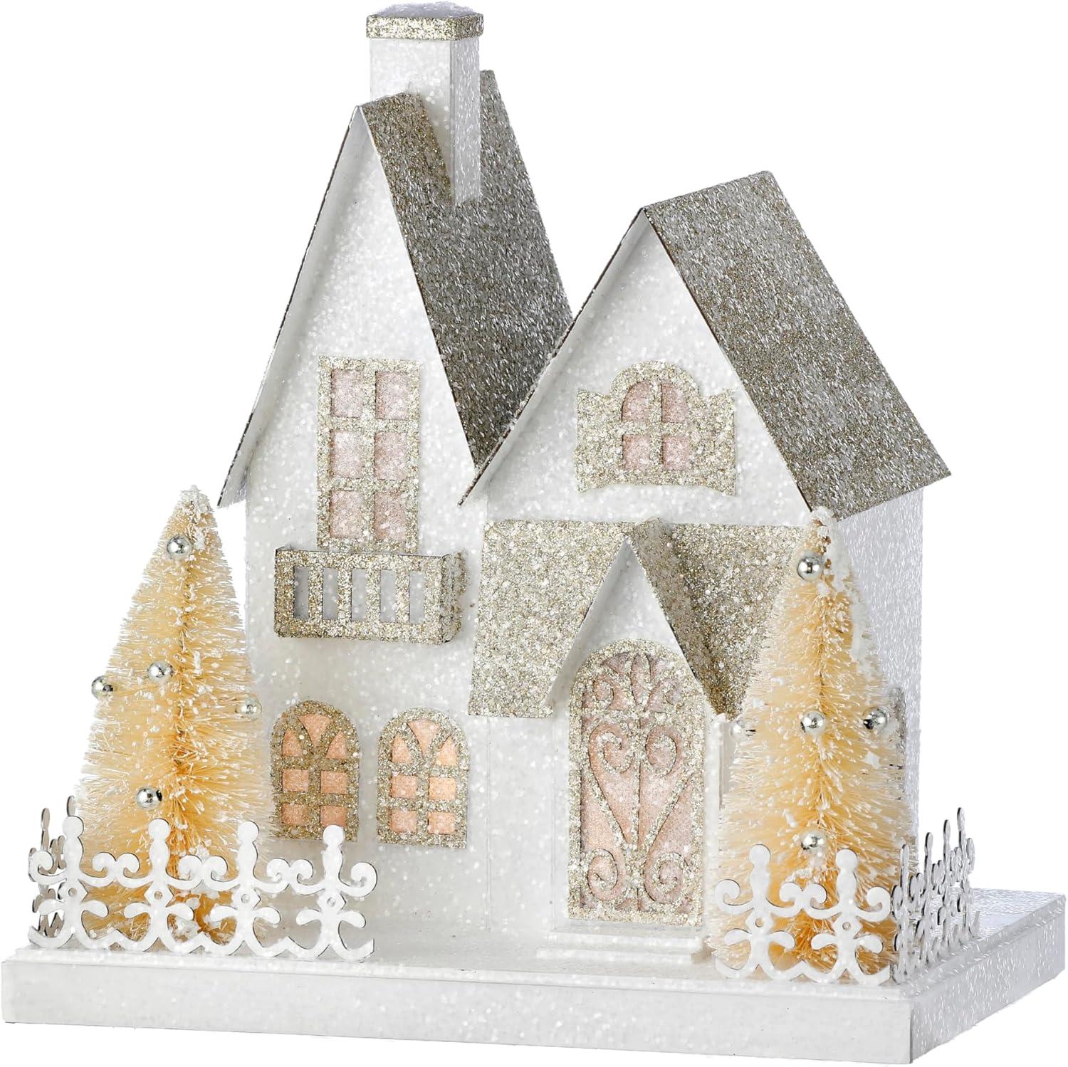 Champagne White LED Cardboard Snowy Lane House with Timer