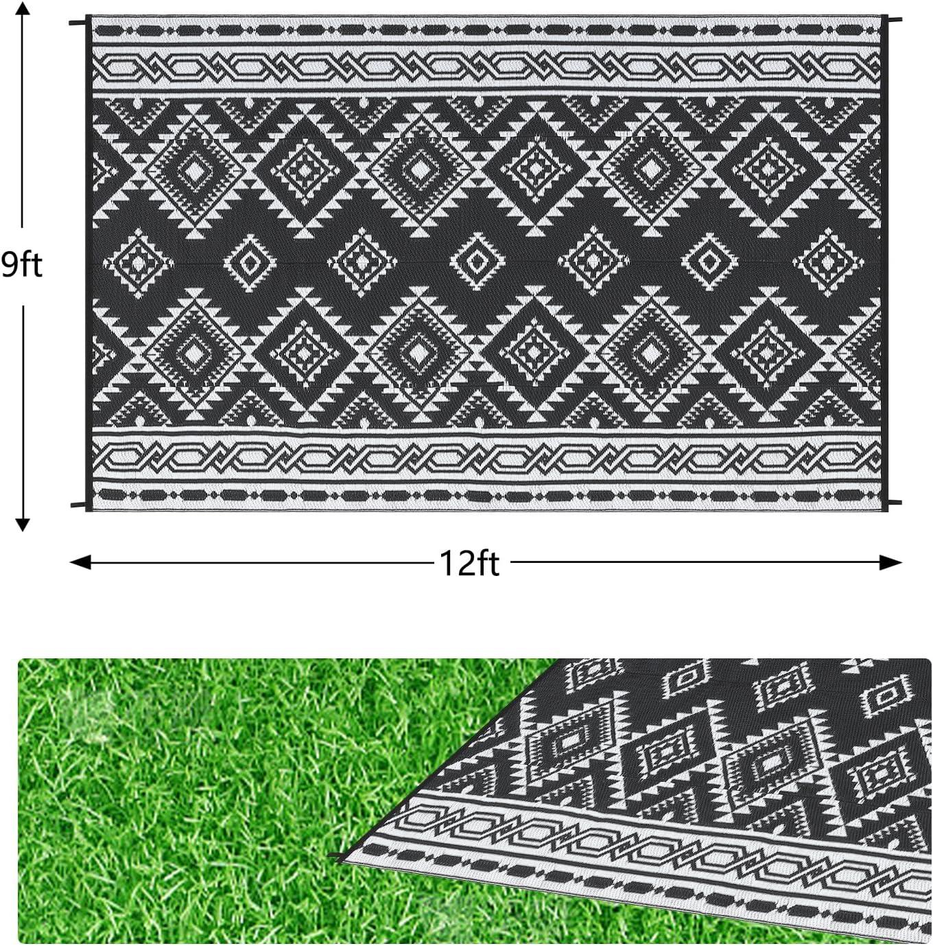 Reversible Mats, Plastic Straw Rug, Modern Area Rug, Large Floor Mat for Outdoors, RV, Patio, 9*12ft/black white: UV Protected, Quick Dry, All-Weather