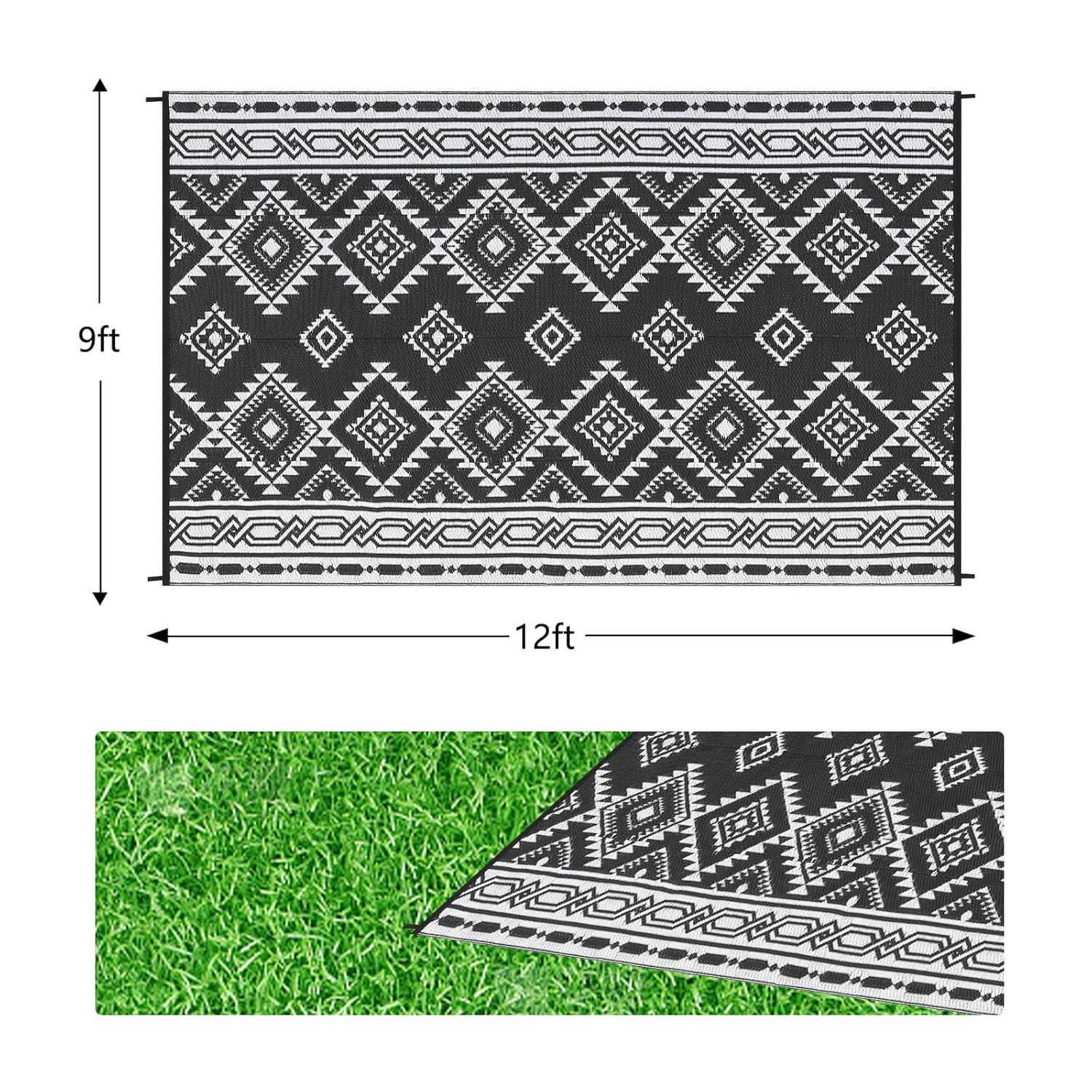 Reversible Mats, Plastic Straw Rug, Modern Area Rug, Large Floor Mat for Outdoors, RV, Patio, 9*12ft/black white: UV Protected, Quick Dry, All-Weather