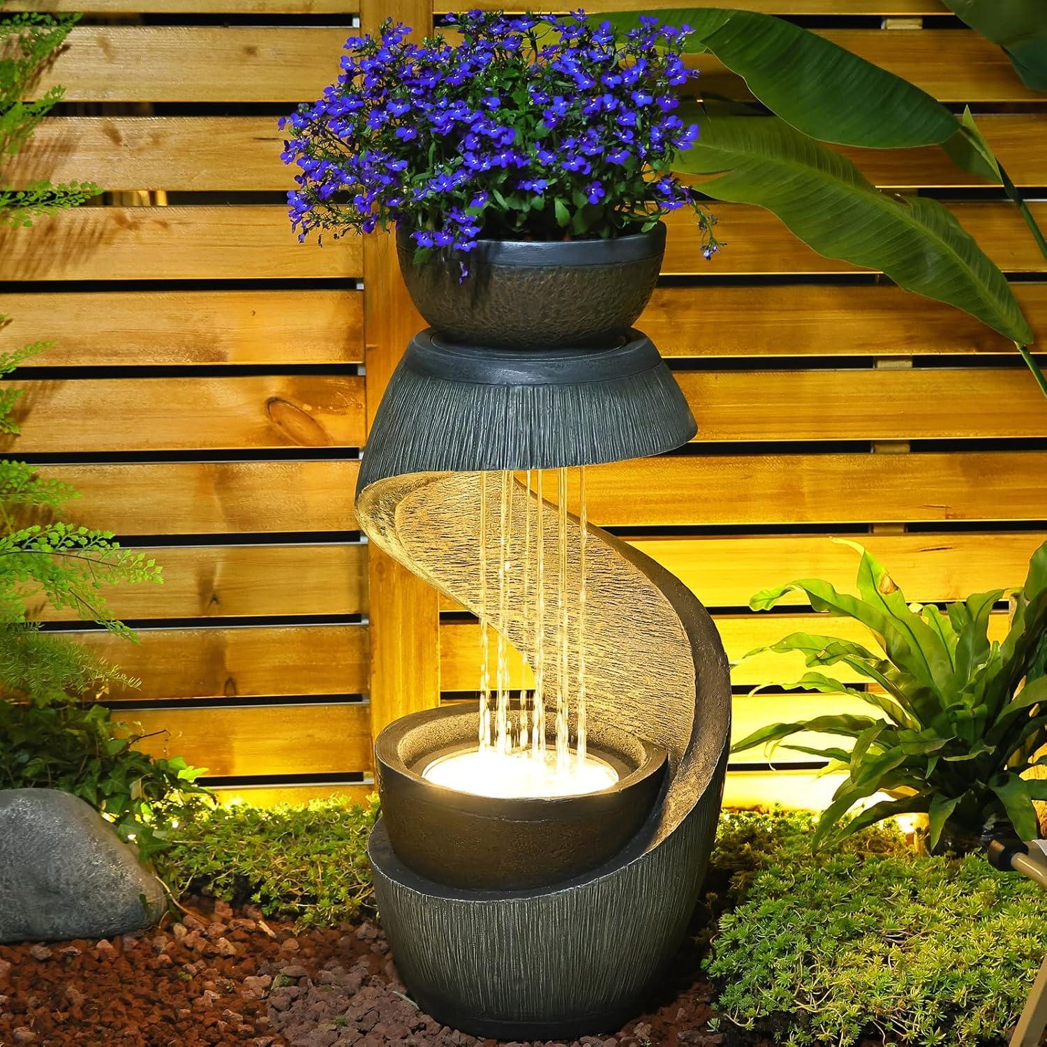 Outdoor Water Fountain Modern Curved Waterfall S-Shaped Freestanding Fountain with Bowl Planter for Patio Deck Garden Yard Home Decor