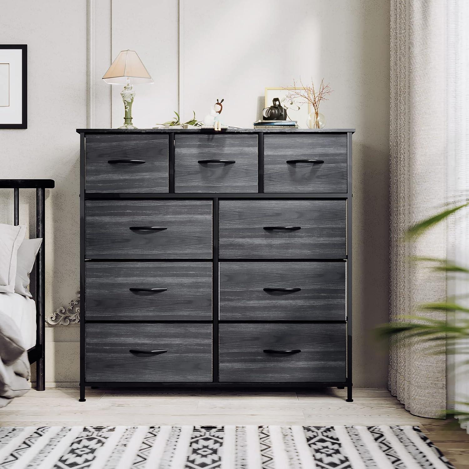 SYTHERS Dresser for Bedroom with 9 Drawers, Fabric Dresser Storage Organizer Unit with Fabric Bins, Fabric Dresser for Living Room, Closet, Hallway, Dark Gray