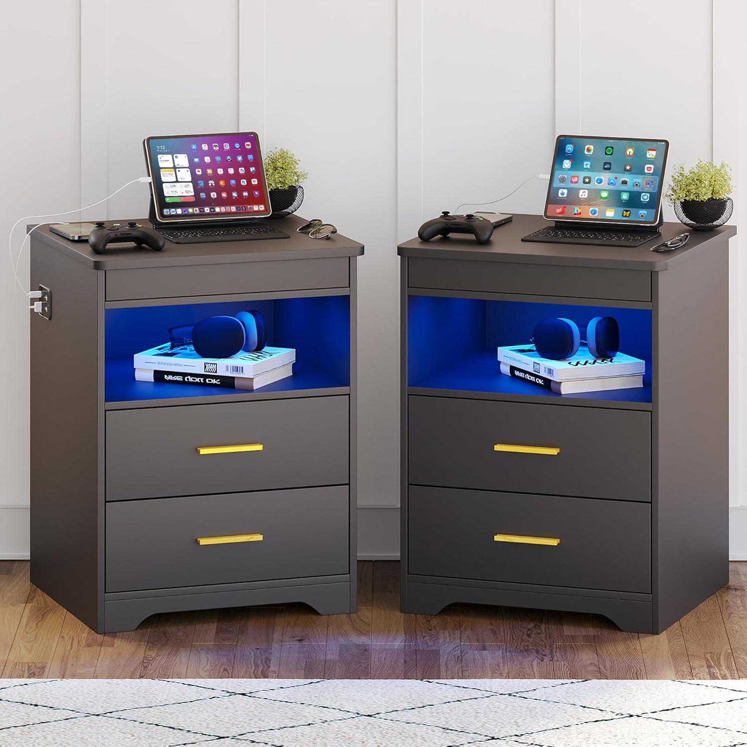 Black Nightstand Set of 2 with Outlets&USB Ports&LED Lights Modern Bedside Table Storage Cabinet with 2 Fabric Drawers for Bedroom