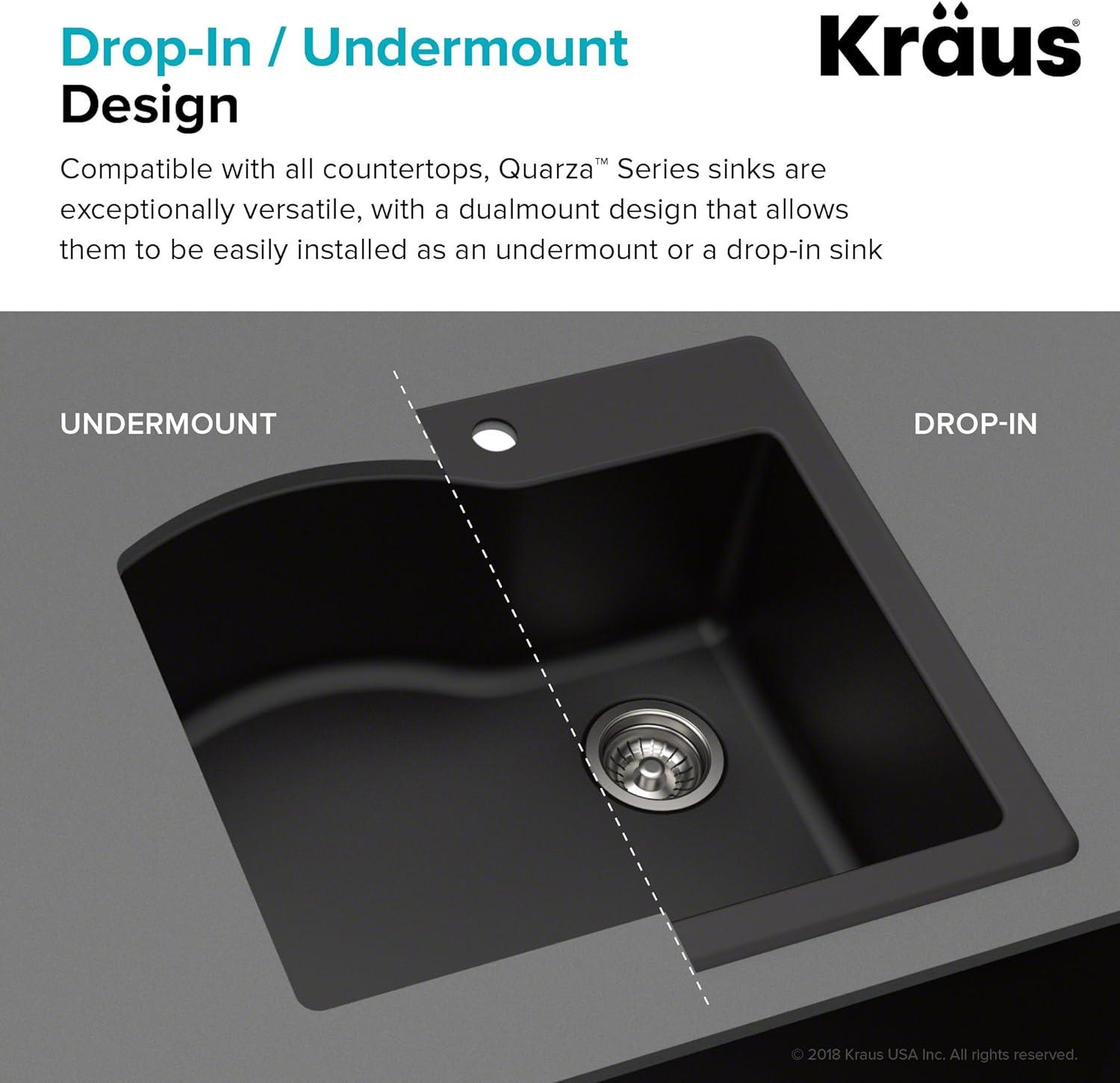 Kraus Quarza 25 Dual Mount Single Bowl Granite Kitchen Sink and Strainer in Grey