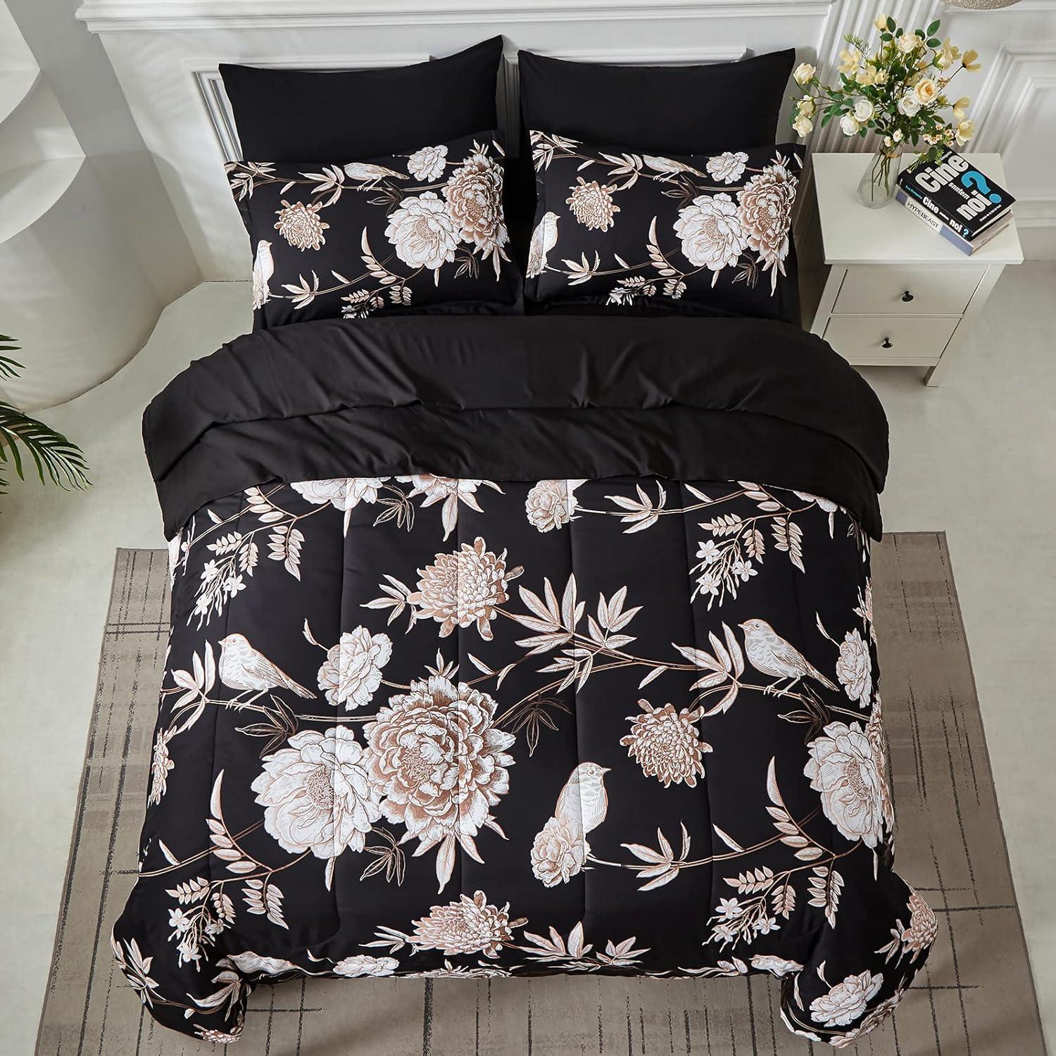DANTUL 7 Piece Bed In A Bag Queen Comforter Set Botanical Floral Bedding Set,White Flowers Leaves Printed On Black Reversible Design,Soft Microfiber Comforter With Sheet Set,All Season