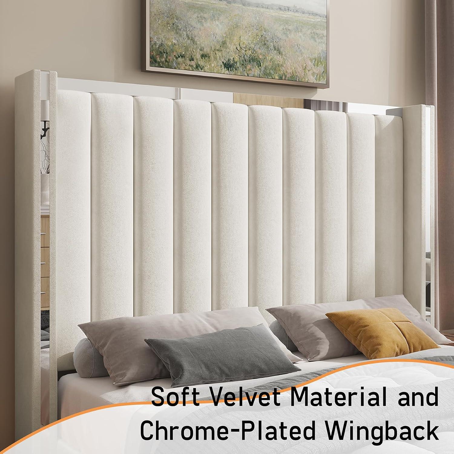 Merluxy King Size Bed Frame with 58" Tall Headboard, Velvet Upholstered Platform Bed with Channel Tufted Wingback Headboard and Plating Trim, Cream