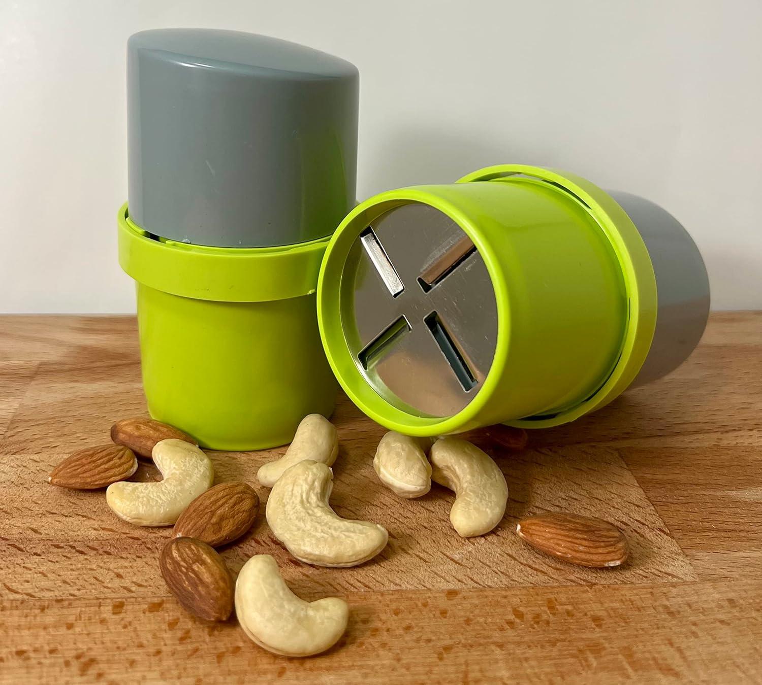 Compact Green and Gray Manual Nut Chopper with Stainless Steel Blades