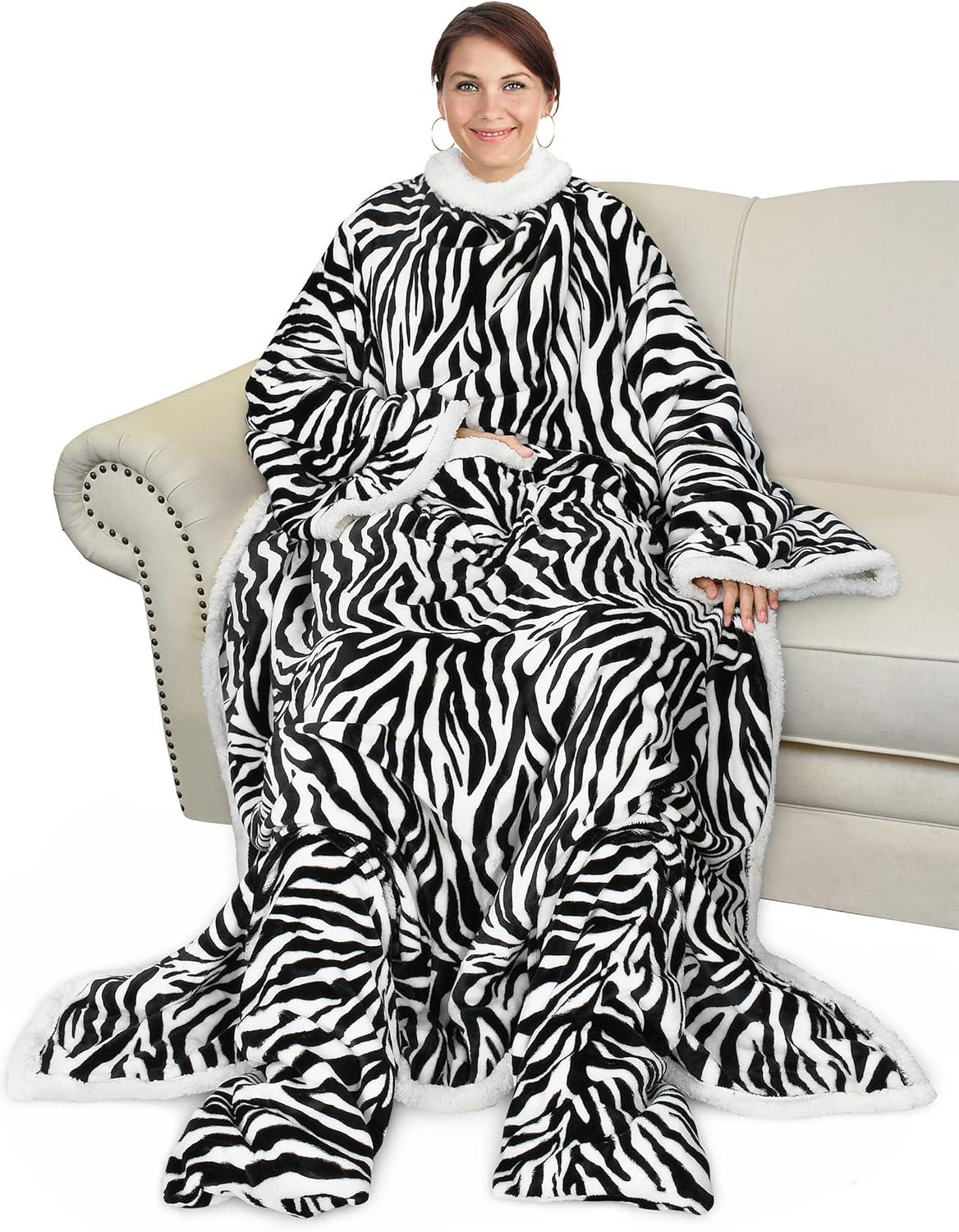 Catalonia Fleece Wearable Blanket with Sleeves & Foot Pockets for Adult, Comfy Snuggle Wrap Sleeved Throw Blanket Robe, Gift for Her Him