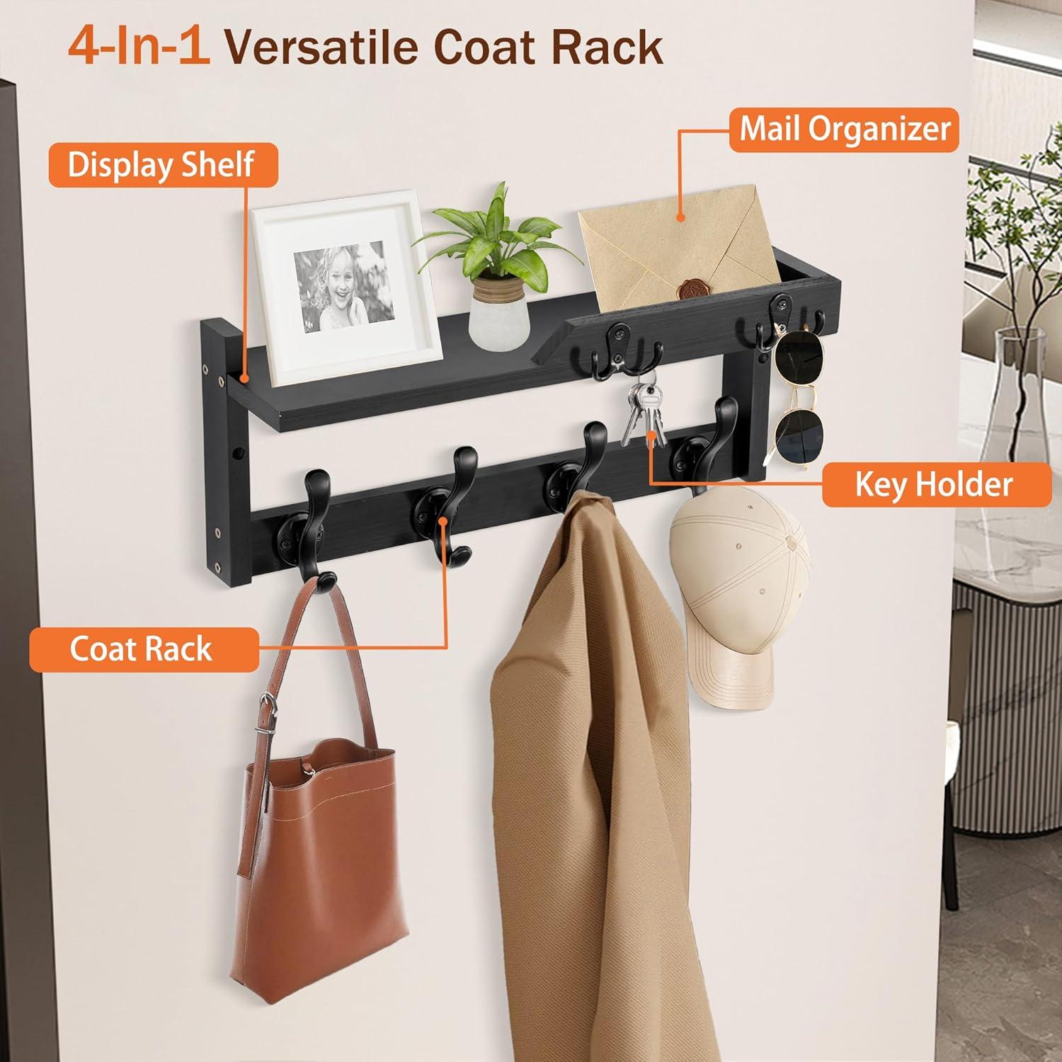 Coat Rack Wall Mount with Shelf, Wood Wall Hooks with Storage, Entryway Shelf with 5 Coat Hangers for Bathroom, Living Room, Bedroom, Black