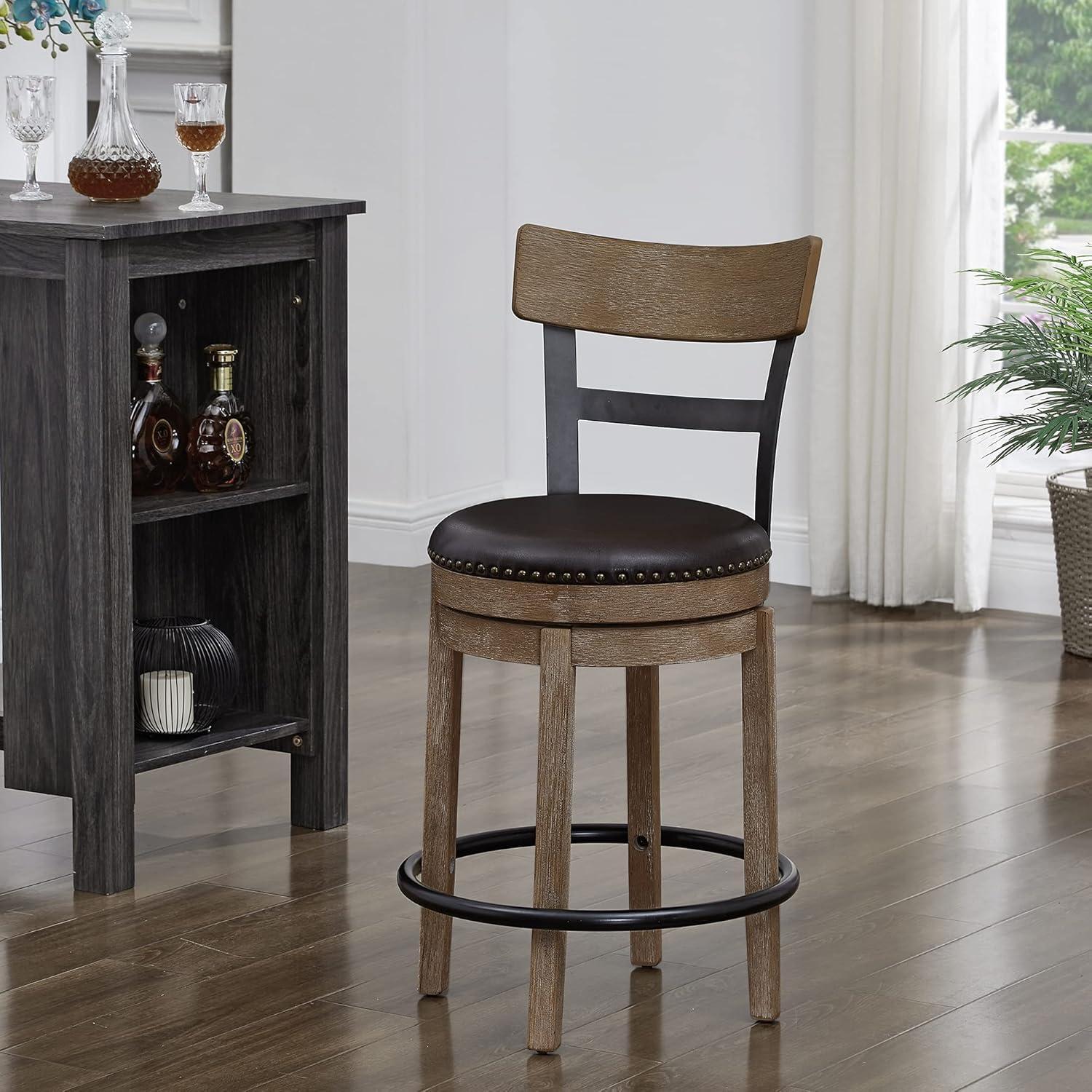 Light Brown Swivel Wood and Metal Barstool with Leather Seat