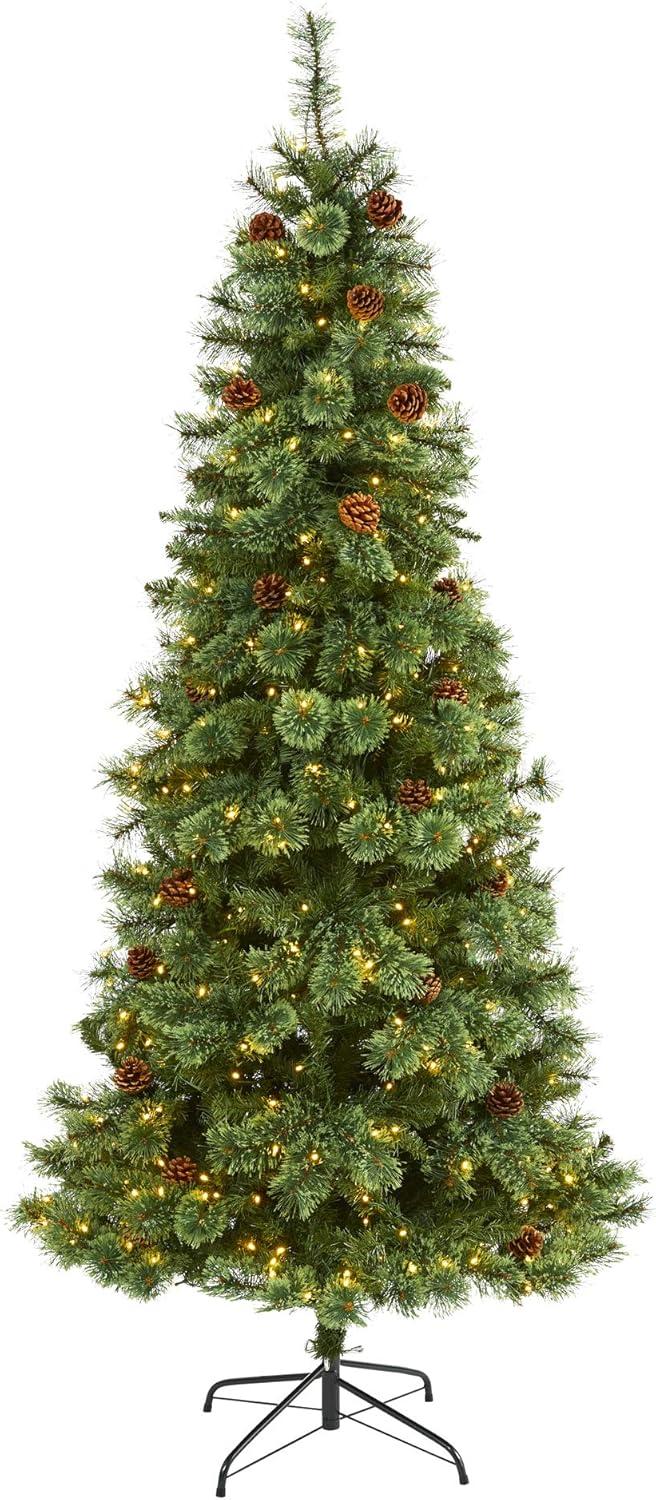 HomeStock Classic Charm 7Ft. White Mountain Pine Artificial Christmas Tree With 400 Clear Led Lights And Pine Cones